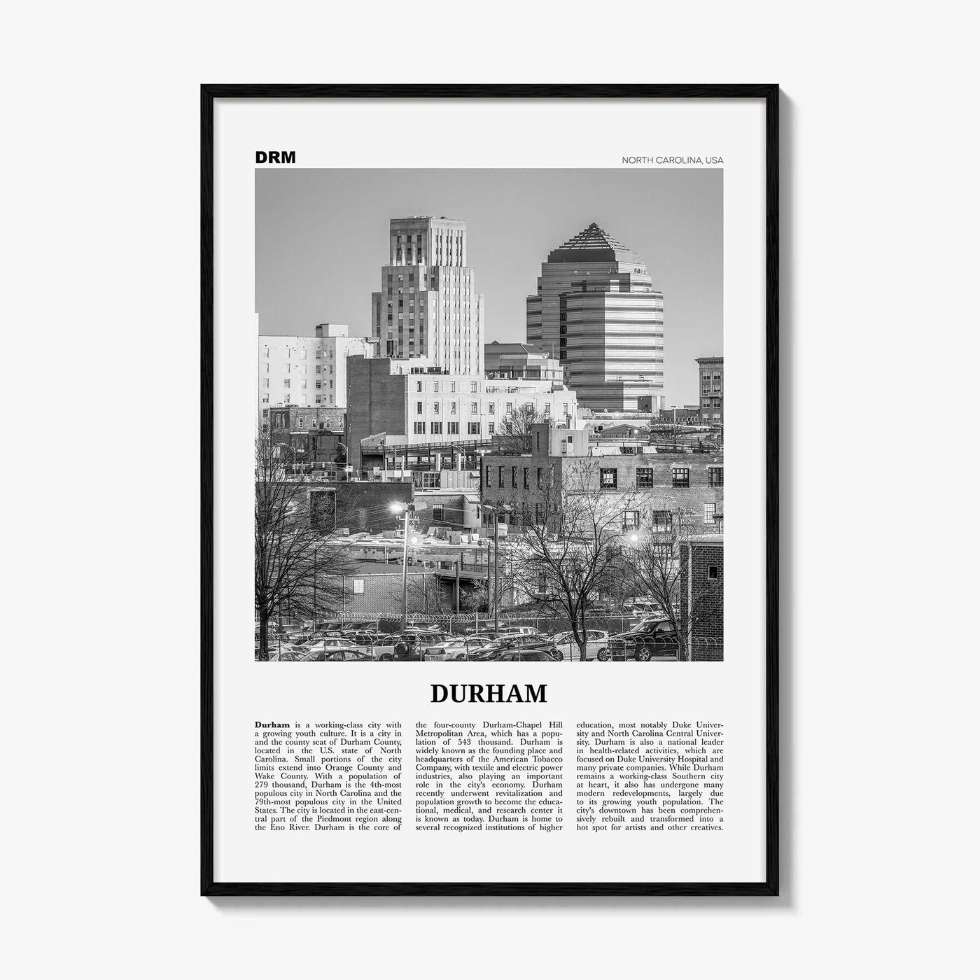 Durham Print Black and White North Carolina, Durham Wall Art, Durham Poster, Durham Photo, Durham Decor, USA, United States, North America