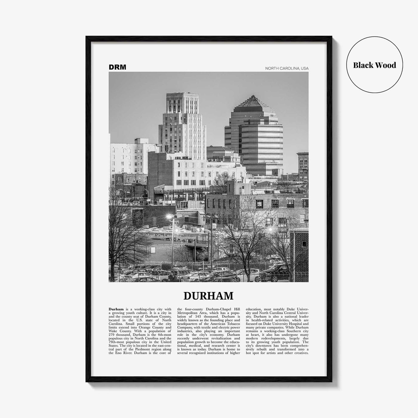 Durham Print Black and White North Carolina, Durham Wall Art, Durham Poster, Durham Photo, Durham Decor, USA, United States, North America