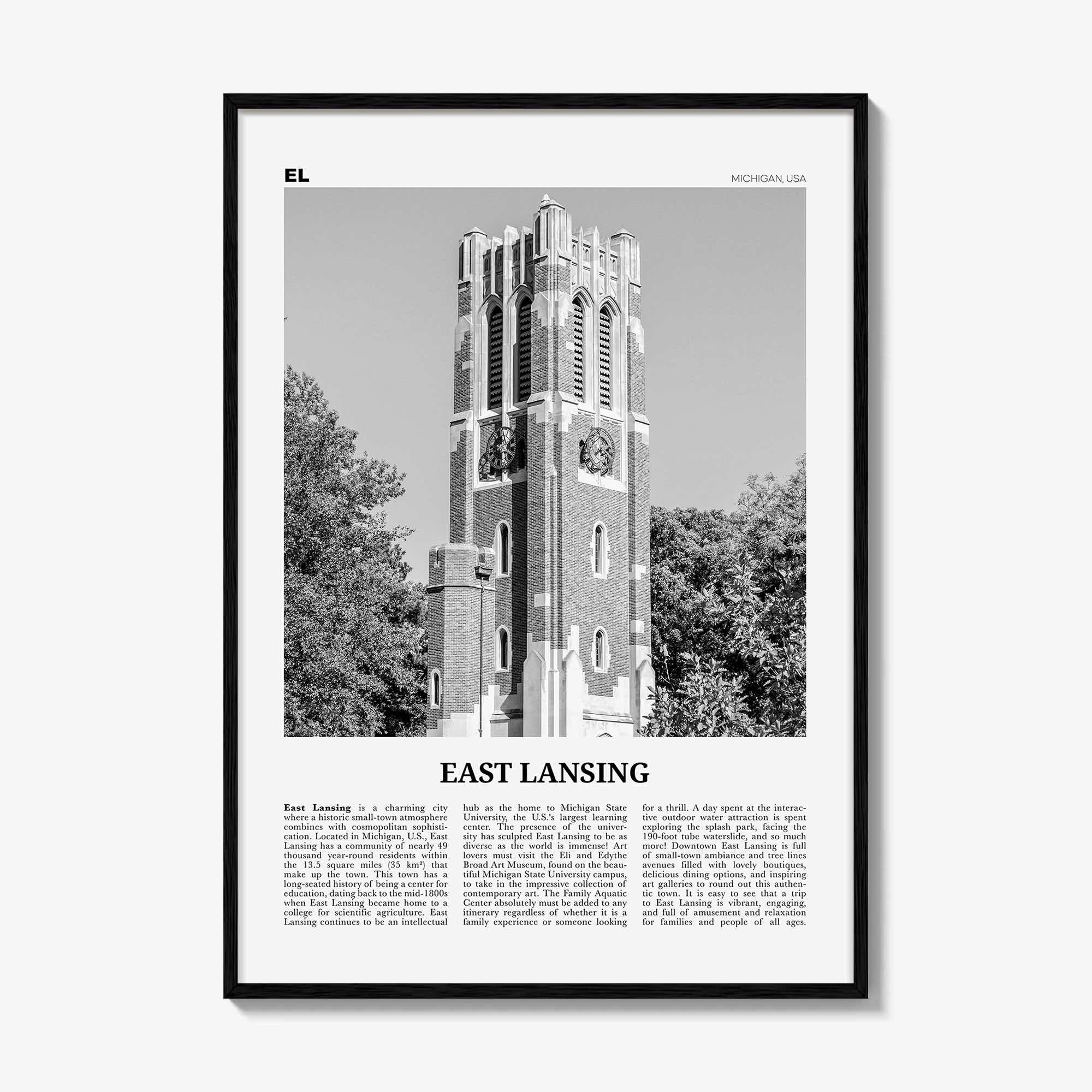 East Lansing Print Black and White, East Lansing Wall Art, East Lansing Poster, East Lansing Photo, East Lansing Wall Décor, Michigan, USA