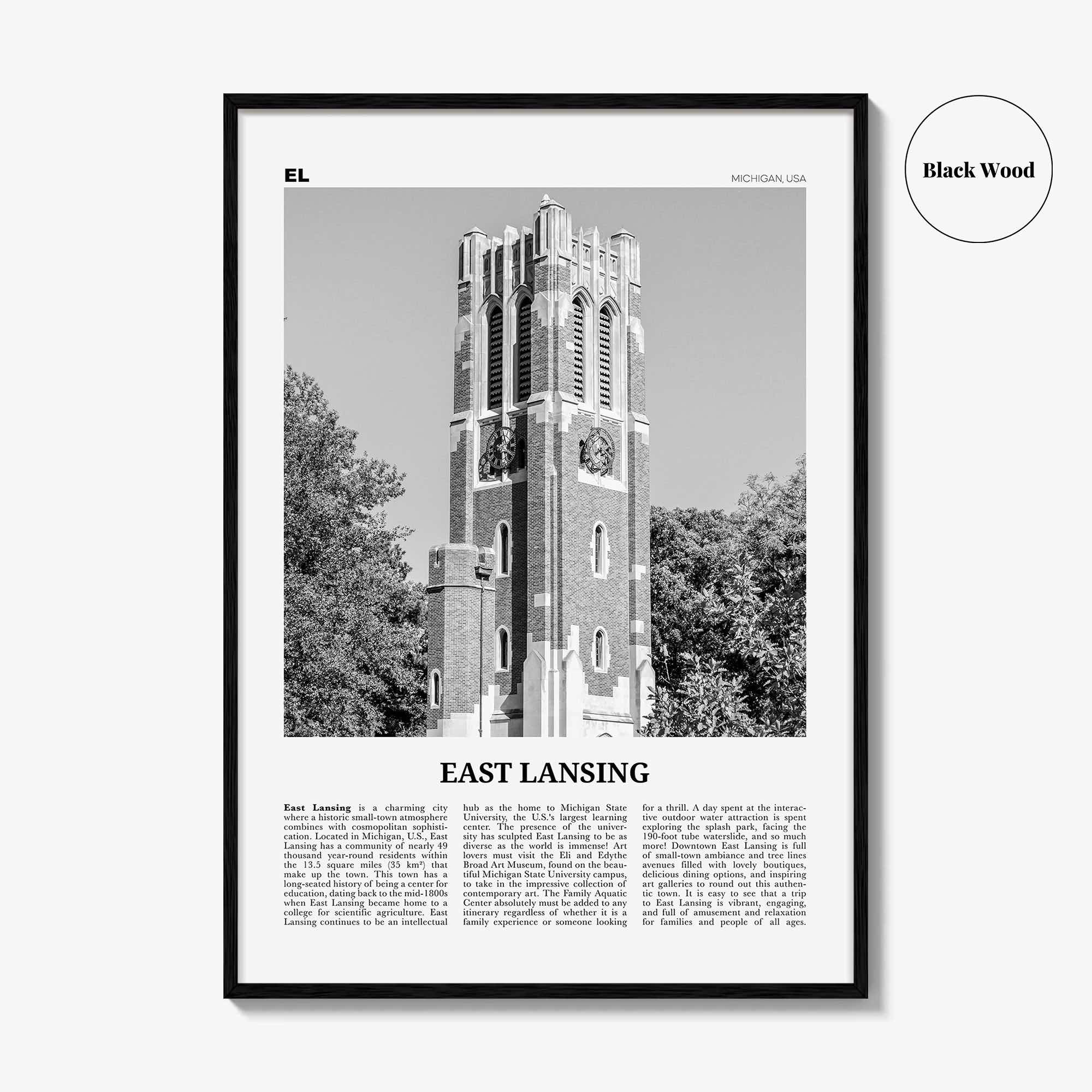 East Lansing Print Black and White, East Lansing Wall Art, East Lansing Poster, East Lansing Photo, East Lansing Wall Décor, Michigan, USA