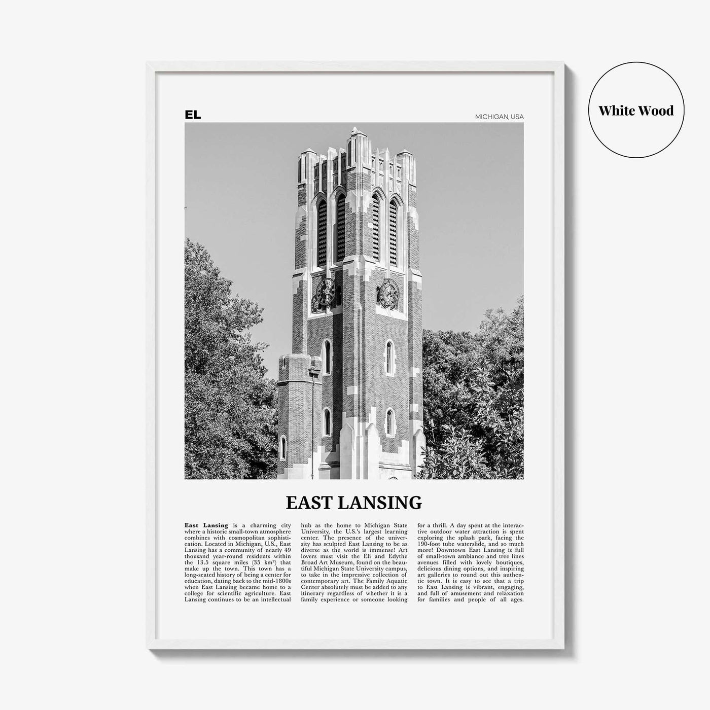 East Lansing Print Black and White, East Lansing Wall Art, East Lansing Poster, East Lansing Photo, East Lansing Wall Décor, Michigan, USA
