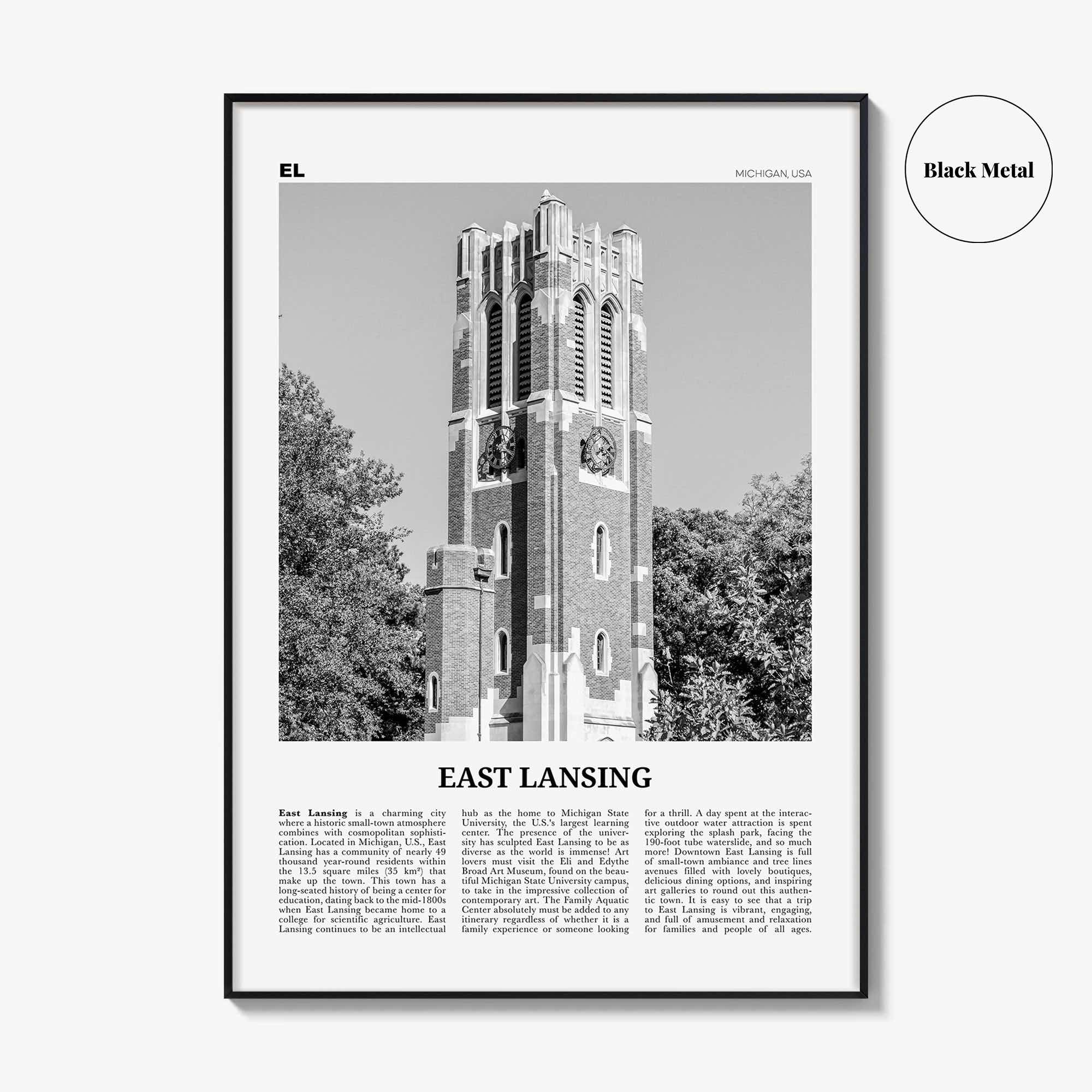 East Lansing Print Black and White, East Lansing Wall Art, East Lansing Poster, East Lansing Photo, East Lansing Wall Décor, Michigan, USA