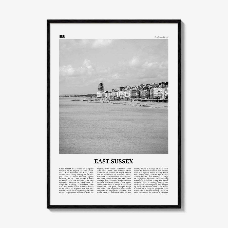 East Sussex Print Black and White, East Sussex Wall Art, East Sussex Poster, East Sussex Photo, East Sussex Map, England, UK, United Kingdom