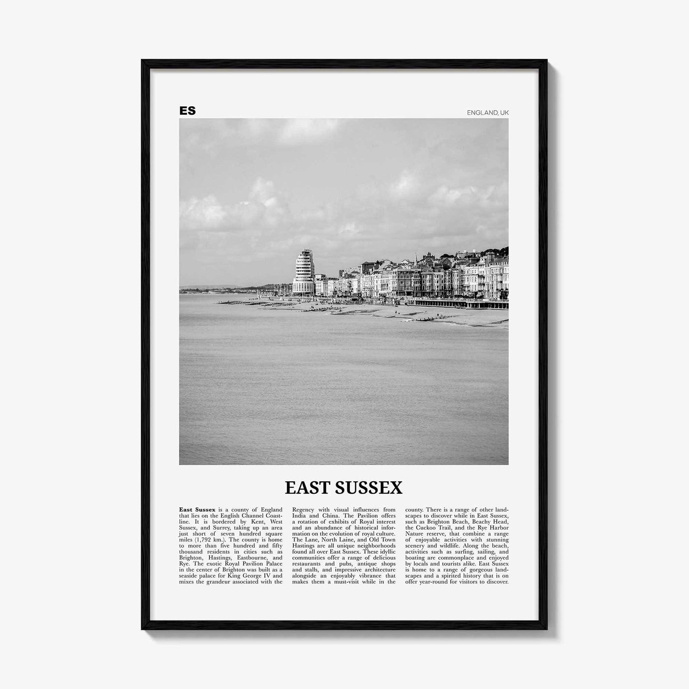 East Sussex Print Black and White, East Sussex Wall Art, East Sussex Poster, East Sussex Photo, East Sussex Map, England, UK, United Kingdom