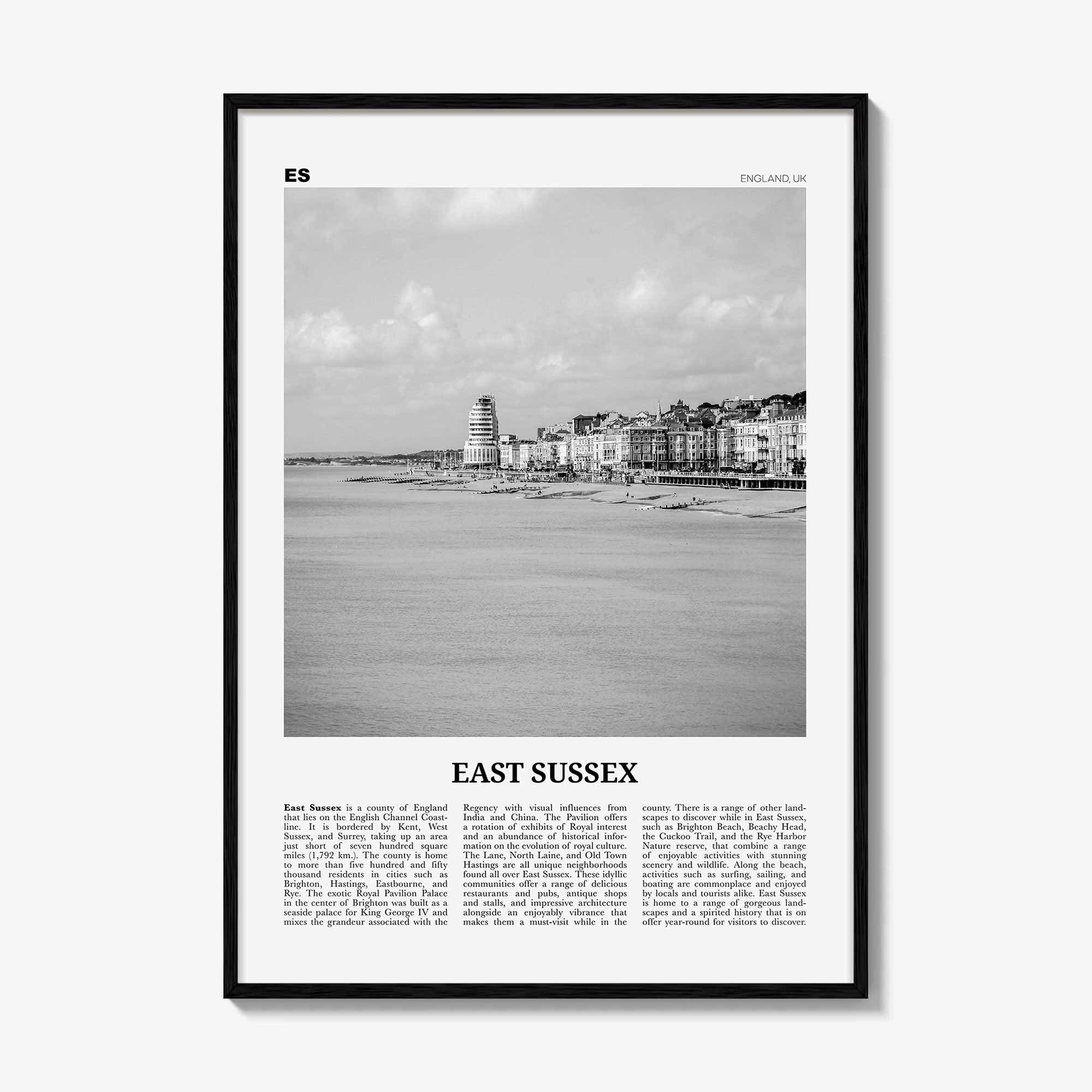 East Sussex Print Black and White, East Sussex Wall Art, East Sussex Poster, East Sussex Photo, East Sussex Map, England, UK, United Kingdom