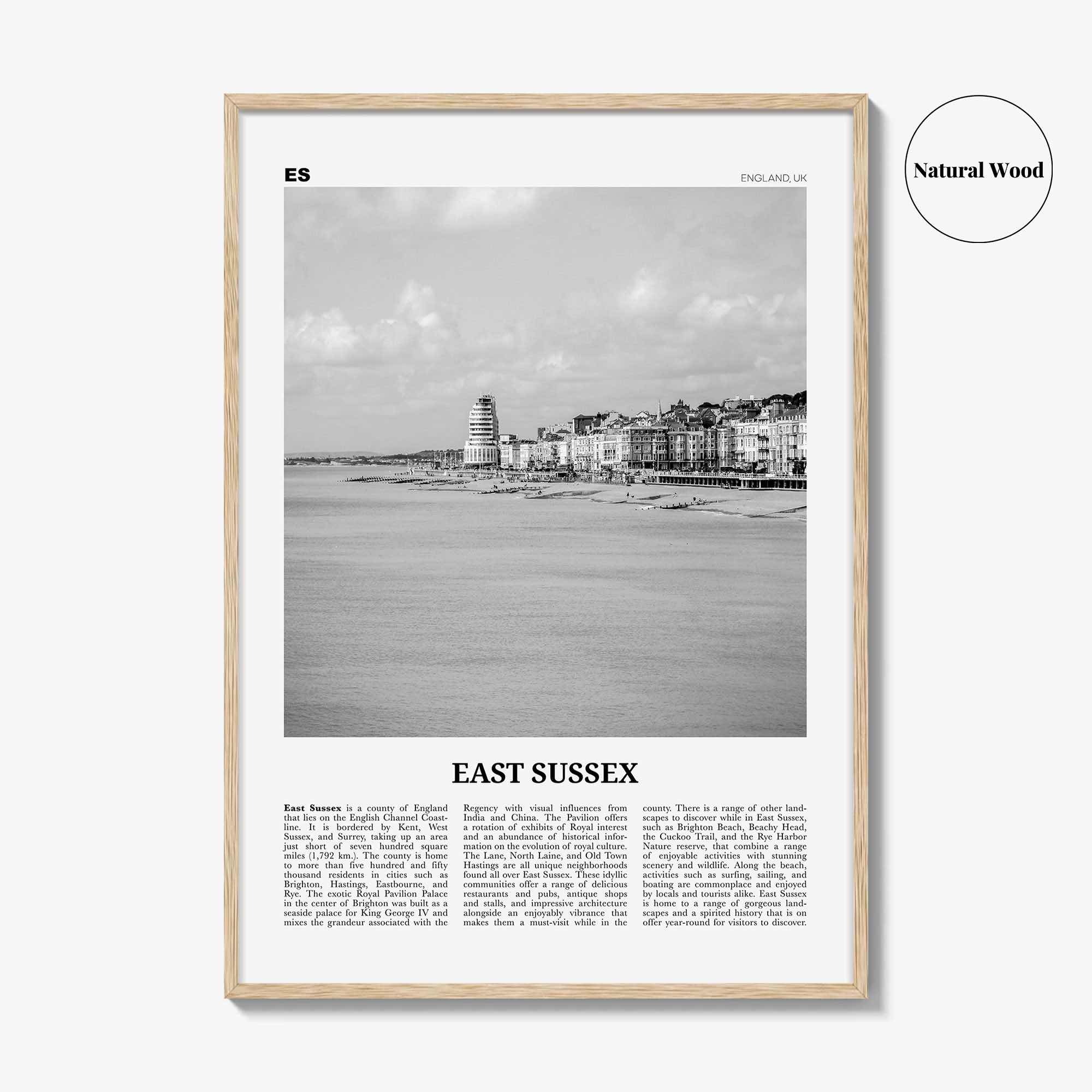 East Sussex Print Black and White, East Sussex Wall Art, East Sussex Poster, East Sussex Photo, East Sussex Map, England, UK, United Kingdom