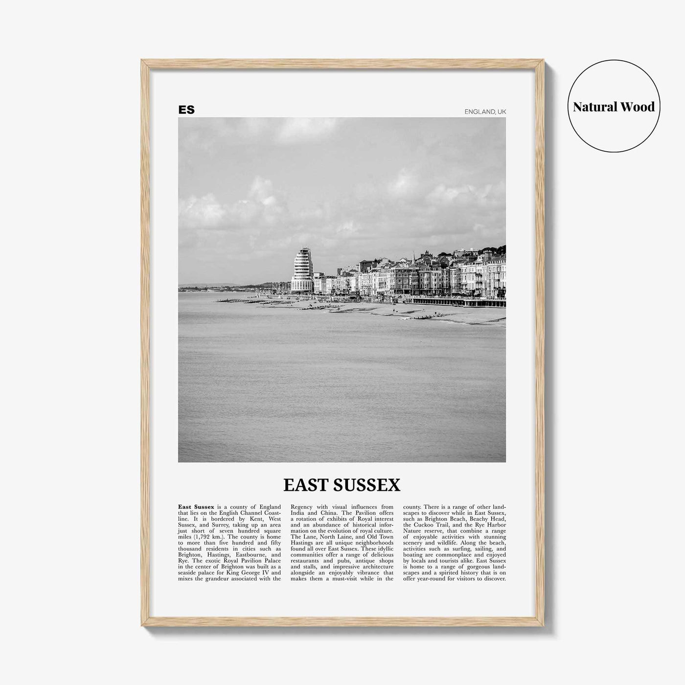 East Sussex Print Black and White, East Sussex Wall Art, East Sussex Poster, East Sussex Photo, East Sussex Map, England, UK, United Kingdom