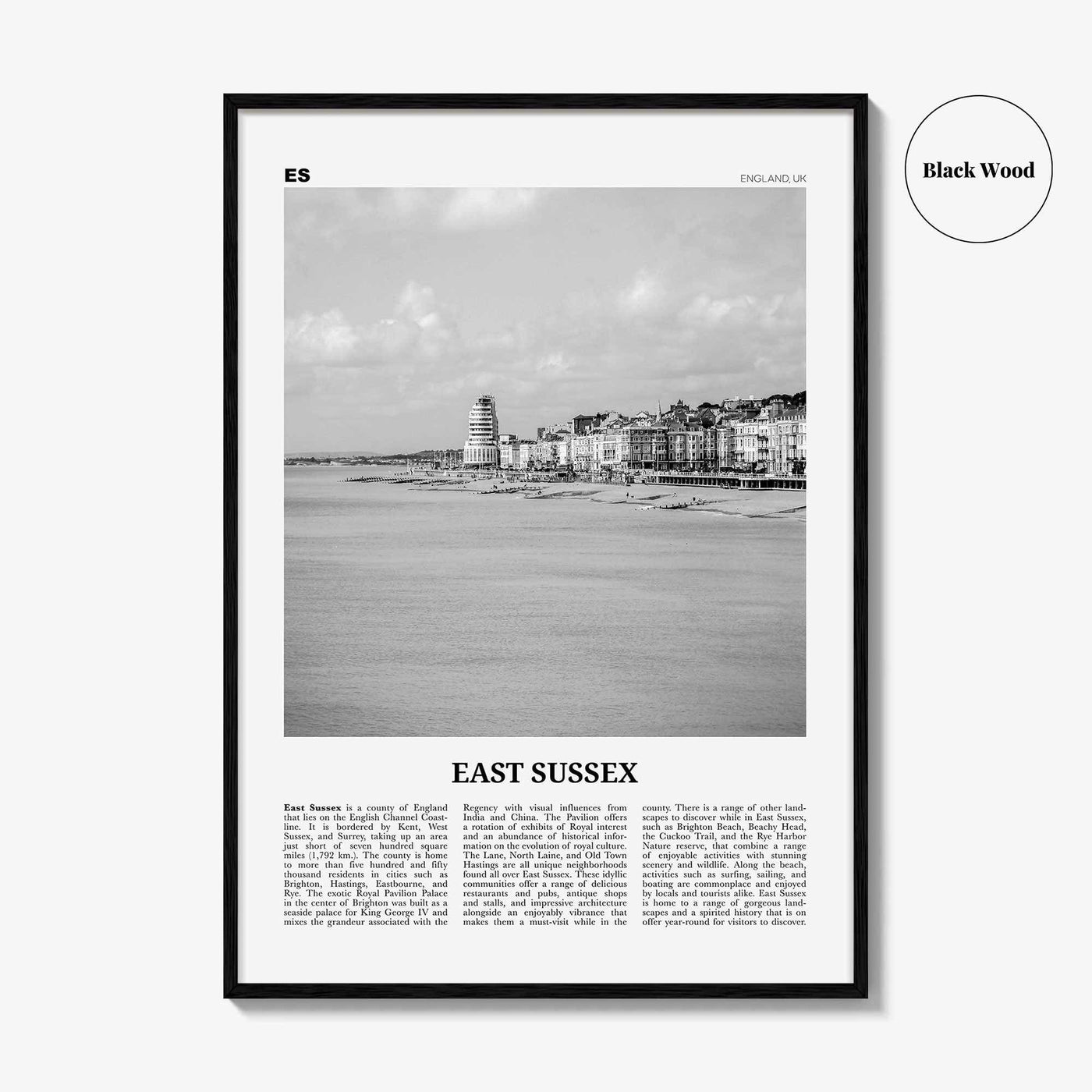 East Sussex Print Black and White, East Sussex Wall Art, East Sussex Poster, East Sussex Photo, East Sussex Map, England, UK, United Kingdom