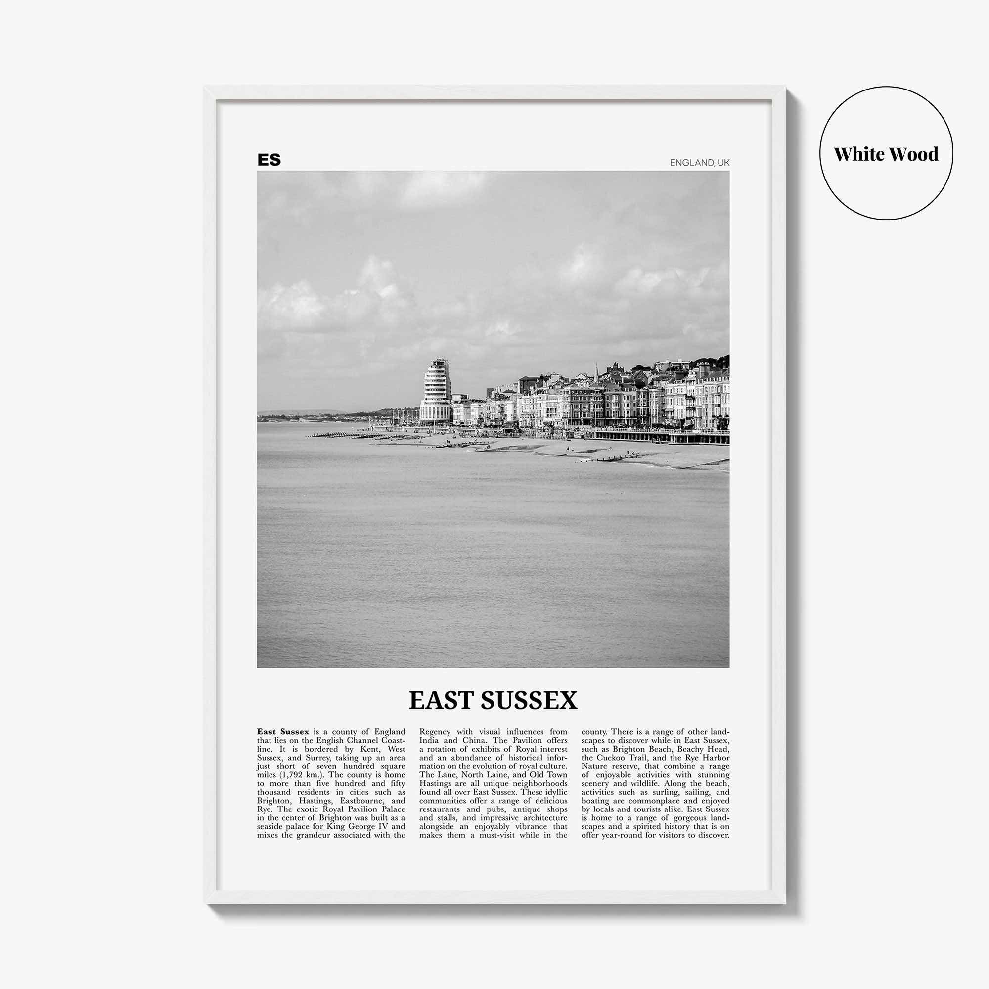 East Sussex Print Black and White, East Sussex Wall Art, East Sussex Poster, East Sussex Photo, East Sussex Map, England, UK, United Kingdom