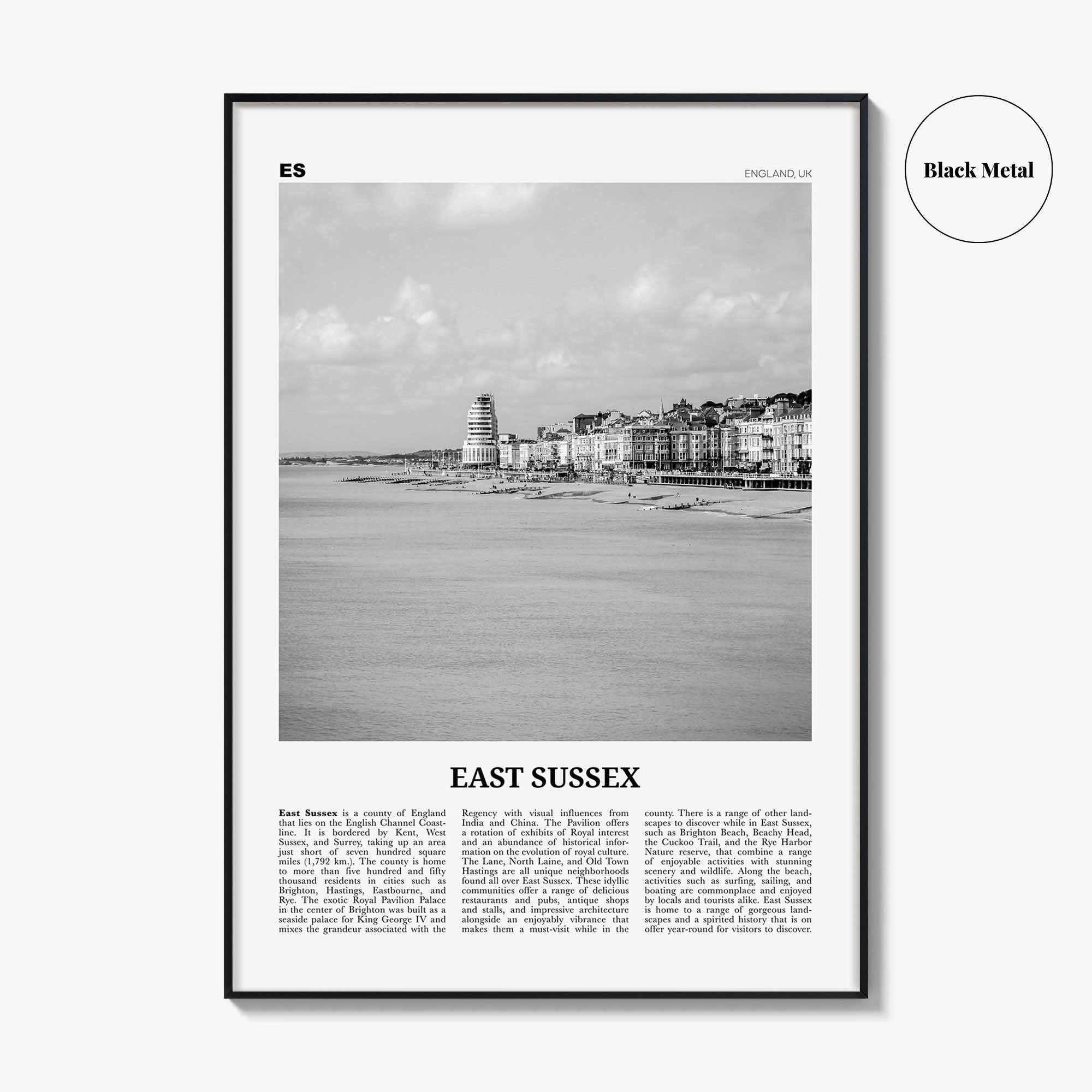 East Sussex Print Black and White, East Sussex Wall Art, East Sussex Poster, East Sussex Photo, East Sussex Map, England, UK, United Kingdom