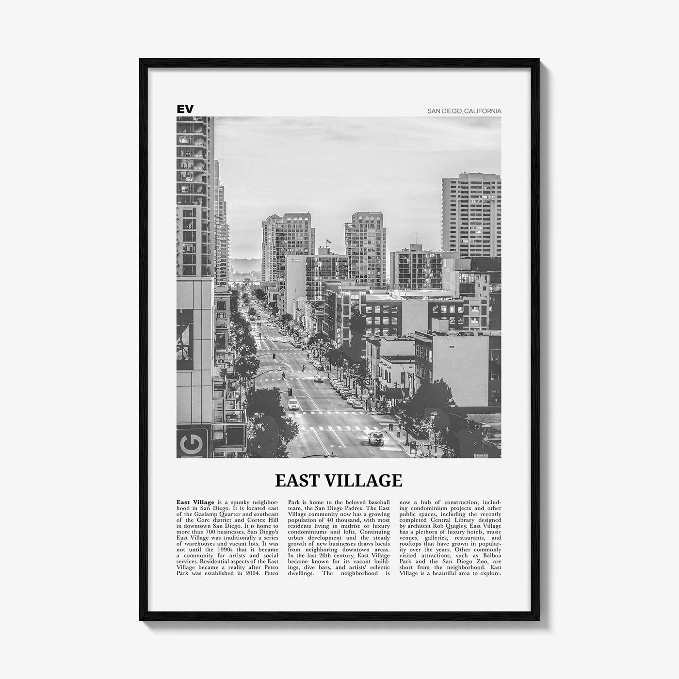 East Village Print Black and White San Diego, East Village Wall Art, East Village Poster, California, USA, United States, North America