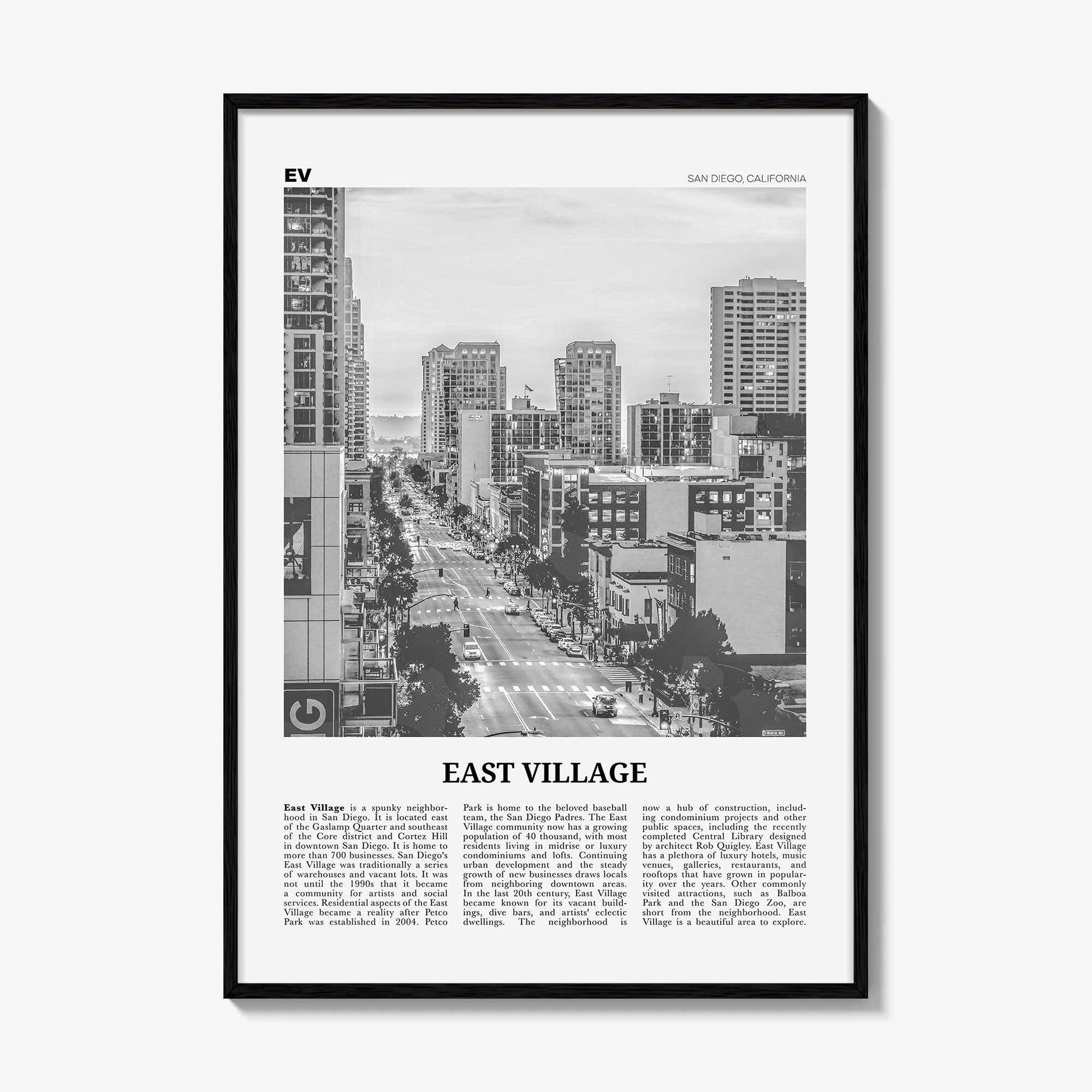East Village Print Black and White San Diego, East Village Wall Art, East Village Poster, California, USA, United States, North America