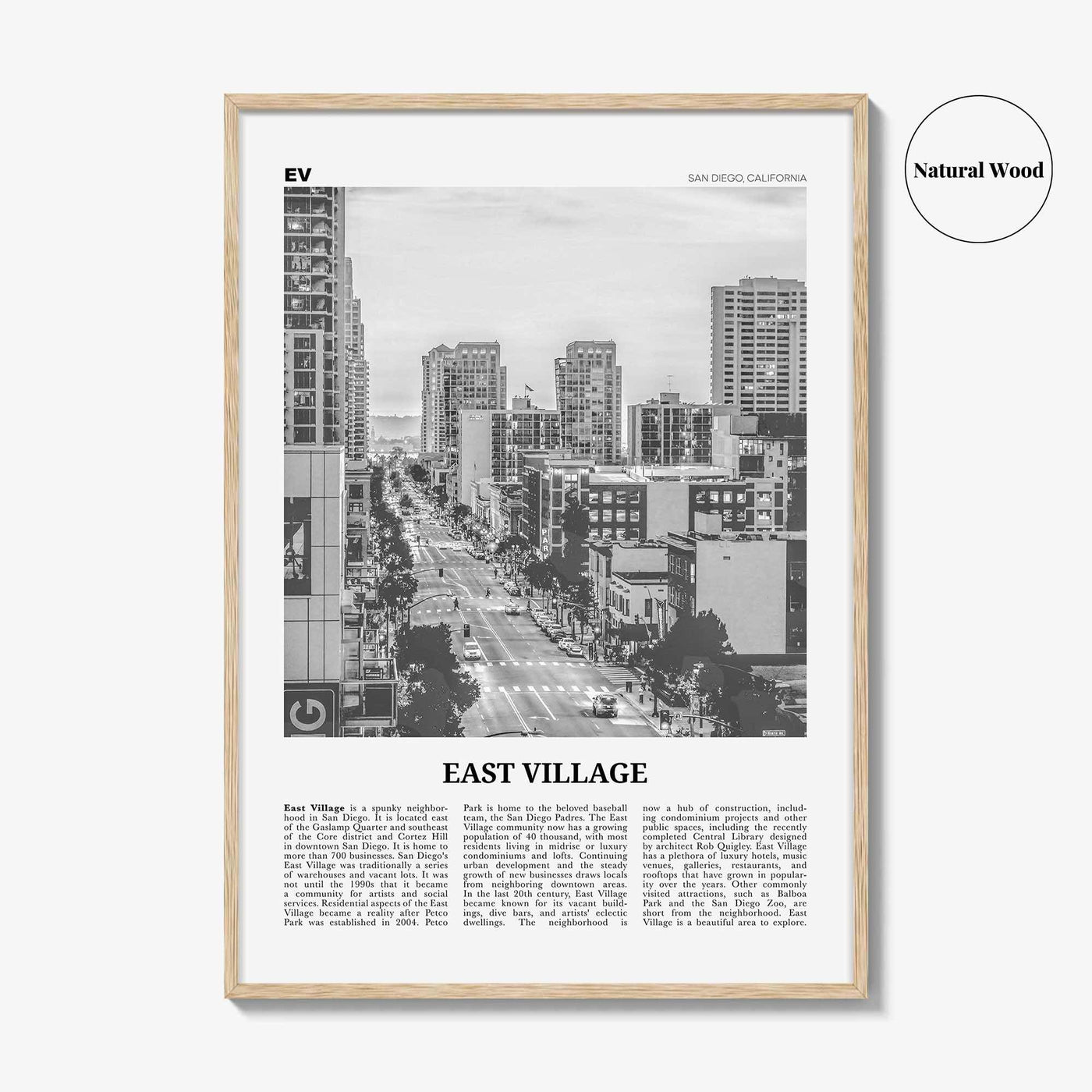 East Village Print Black and White San Diego, East Village Wall Art, East Village Poster, California, USA, United States, North America