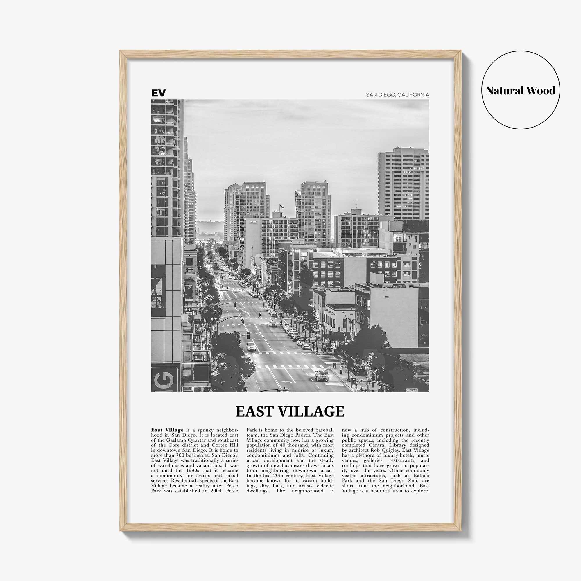 East Village Print Black and White San Diego, East Village Wall Art, East Village Poster, California, USA, United States, North America