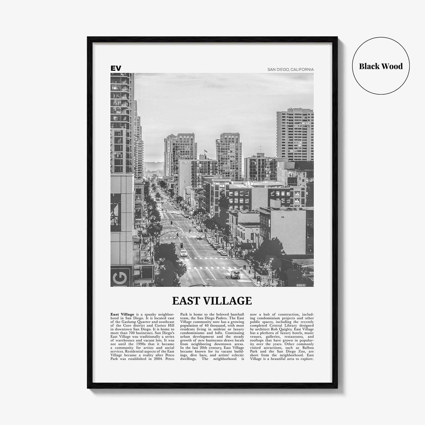 East Village Print Black and White San Diego, East Village Wall Art, East Village Poster, California, USA, United States, North America