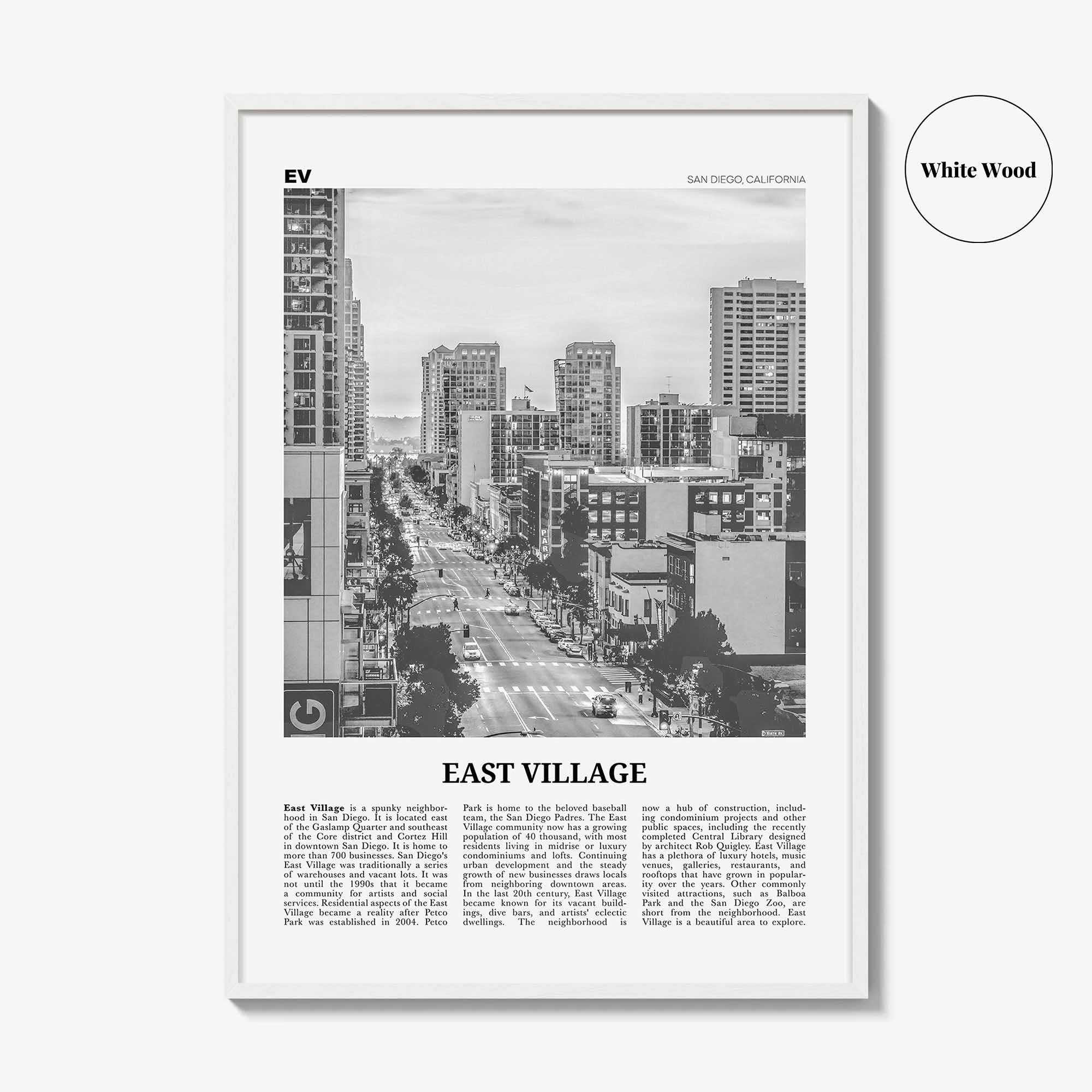 East Village Print Black and White San Diego, East Village Wall Art, East Village Poster, California, USA, United States, North America