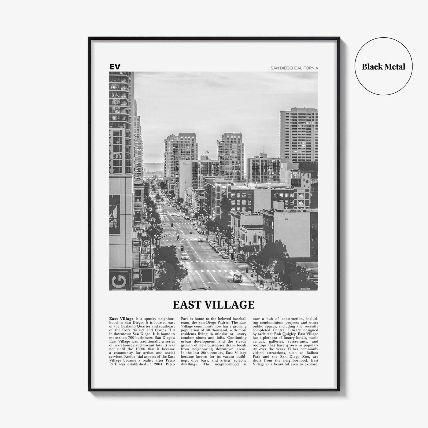 East Village Print Black and White San Diego, East Village Wall Art, East Village Poster, California, USA, United States, North America