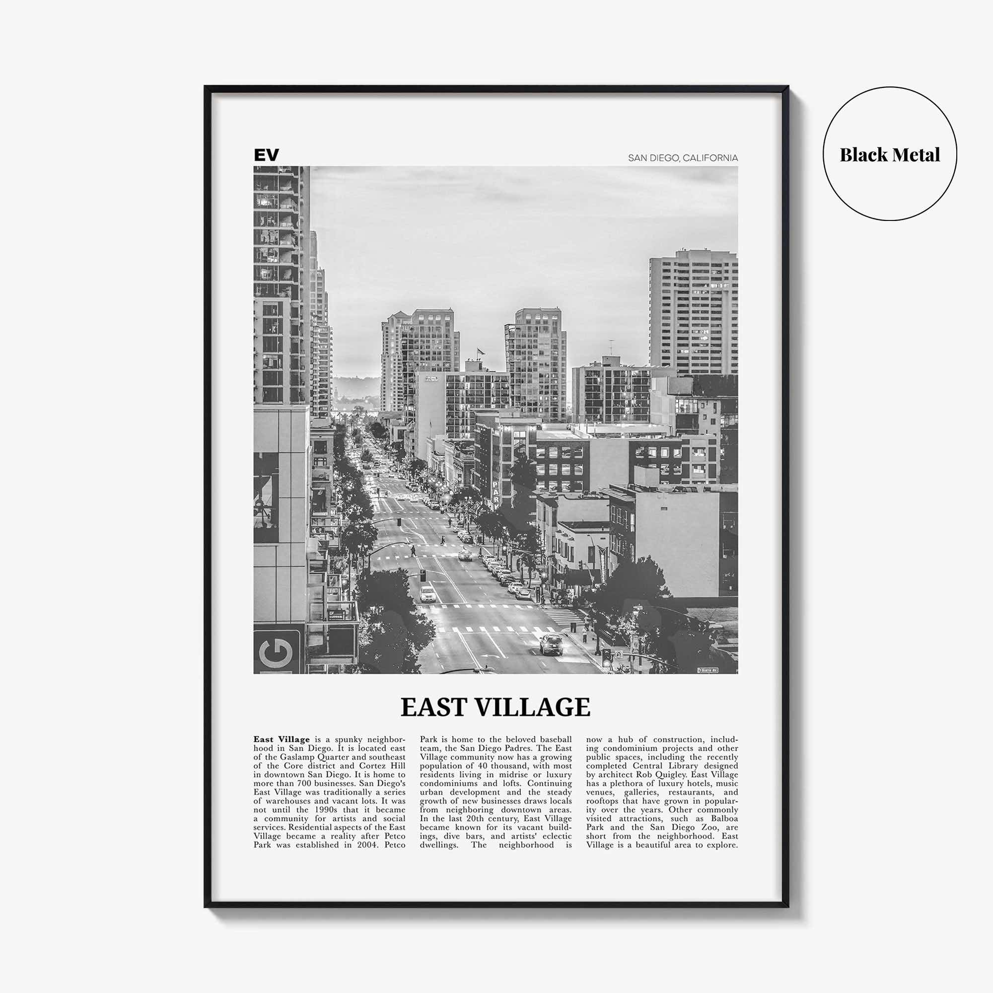 East Village Print Black and White San Diego, East Village Wall Art, East Village Poster, California, USA, United States, North America