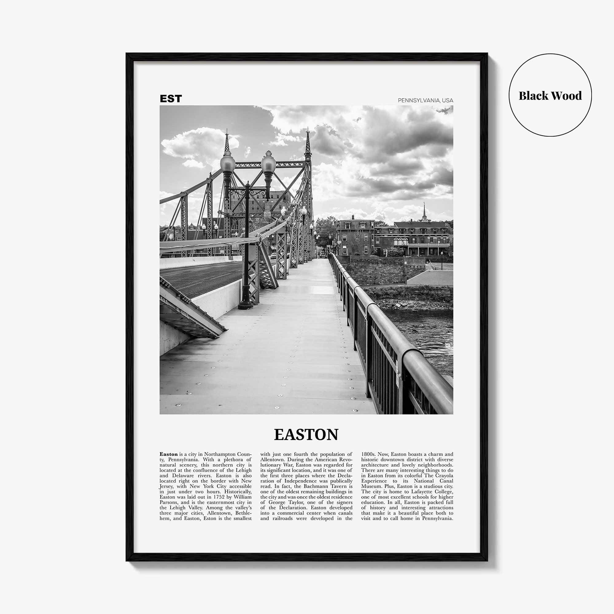 Easton Print Black and White, Easton Wall Art, Easton Poster, Easton Photo, Easton Wall Décor, Easton Map, Pennsylvania, USA