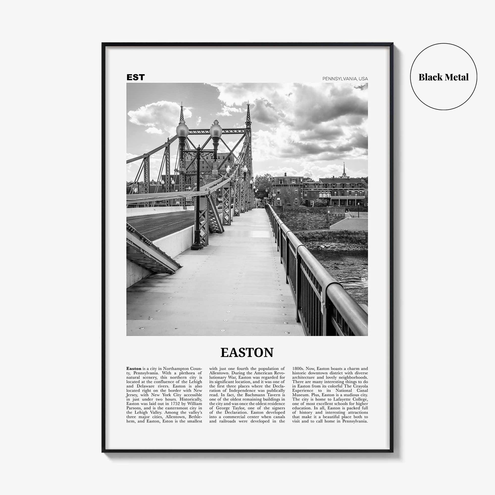 Easton Print Black and White, Easton Wall Art, Easton Poster, Easton Photo, Easton Wall Décor, Easton Map, Pennsylvania, USA