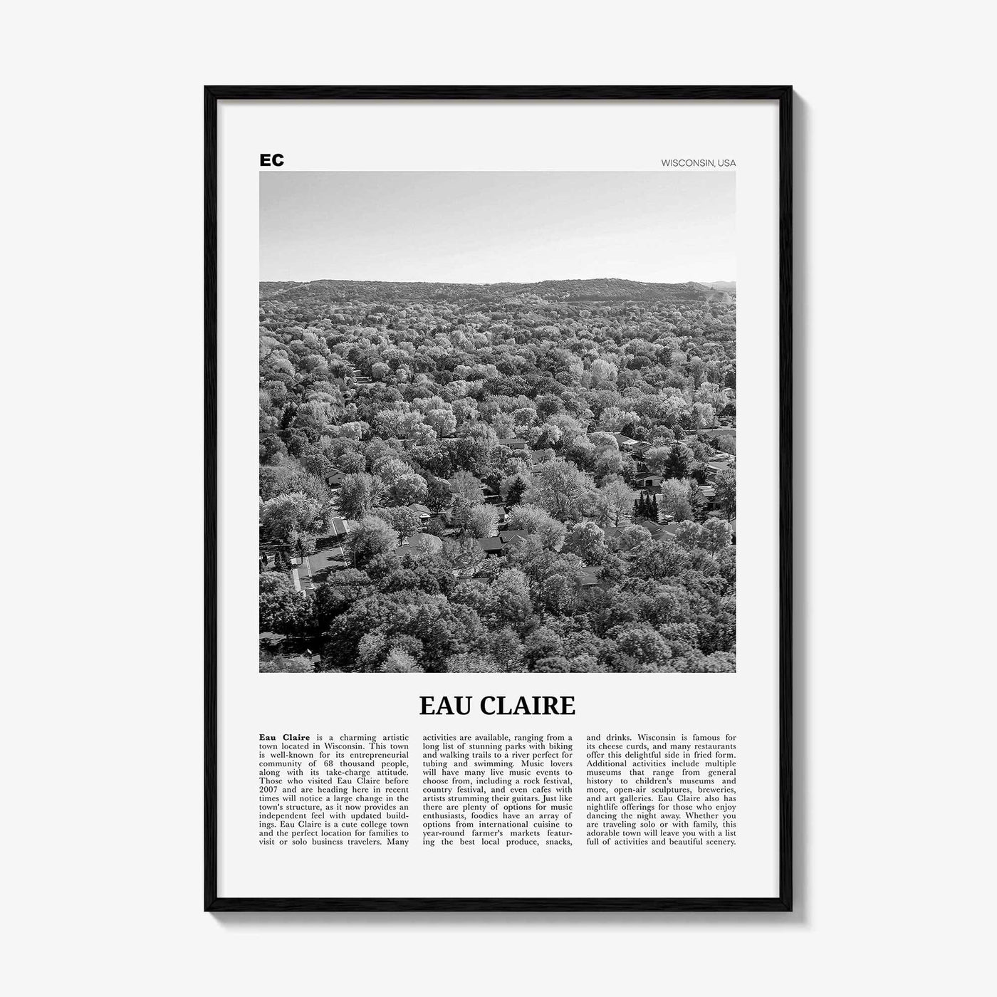 Eau Claire Print Black and White, Eau Claire Wall Art, Eau Claire Poster, Eau Claire Photo, Eau Claire Wall Décor, Eau Claire Map, Wisconsin