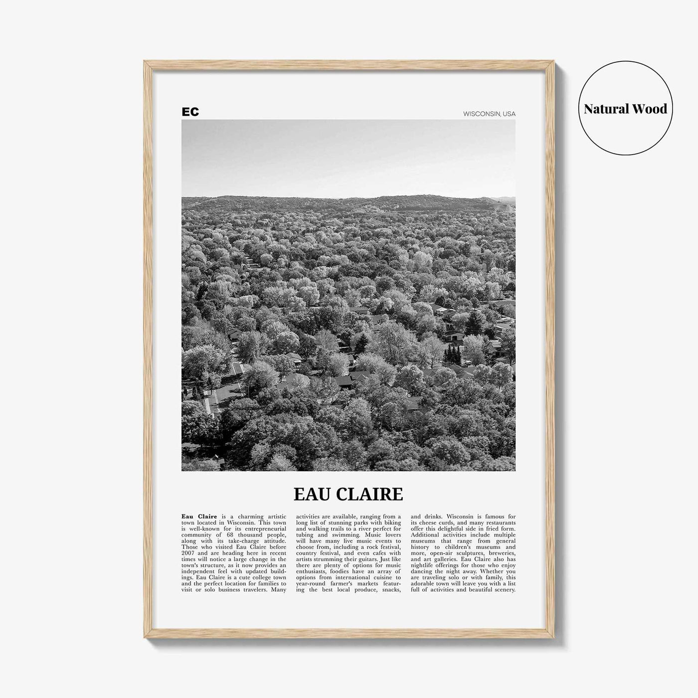Eau Claire Print Black and White, Eau Claire Wall Art, Eau Claire Poster, Eau Claire Photo, Eau Claire Wall Décor, Eau Claire Map, Wisconsin