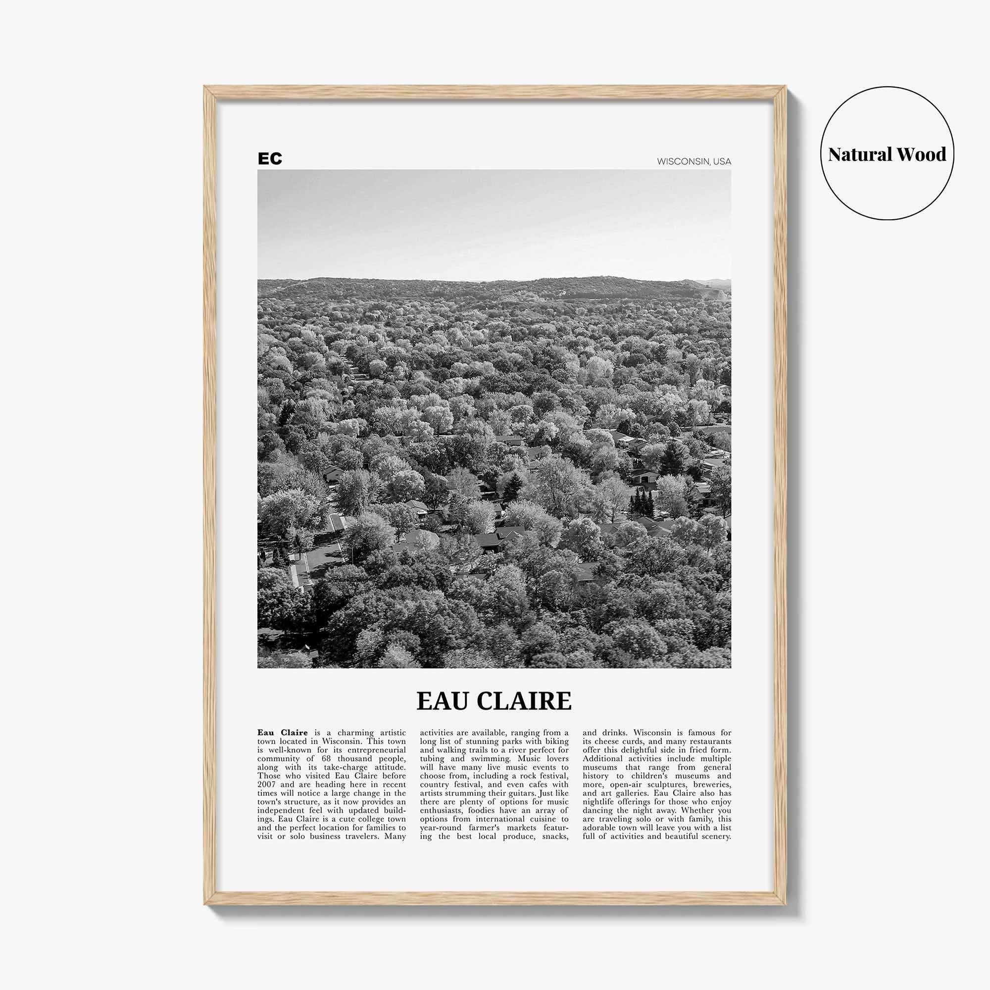 Eau Claire Print Black and White, Eau Claire Wall Art, Eau Claire Poster, Eau Claire Photo, Eau Claire Wall Décor, Eau Claire Map, Wisconsin