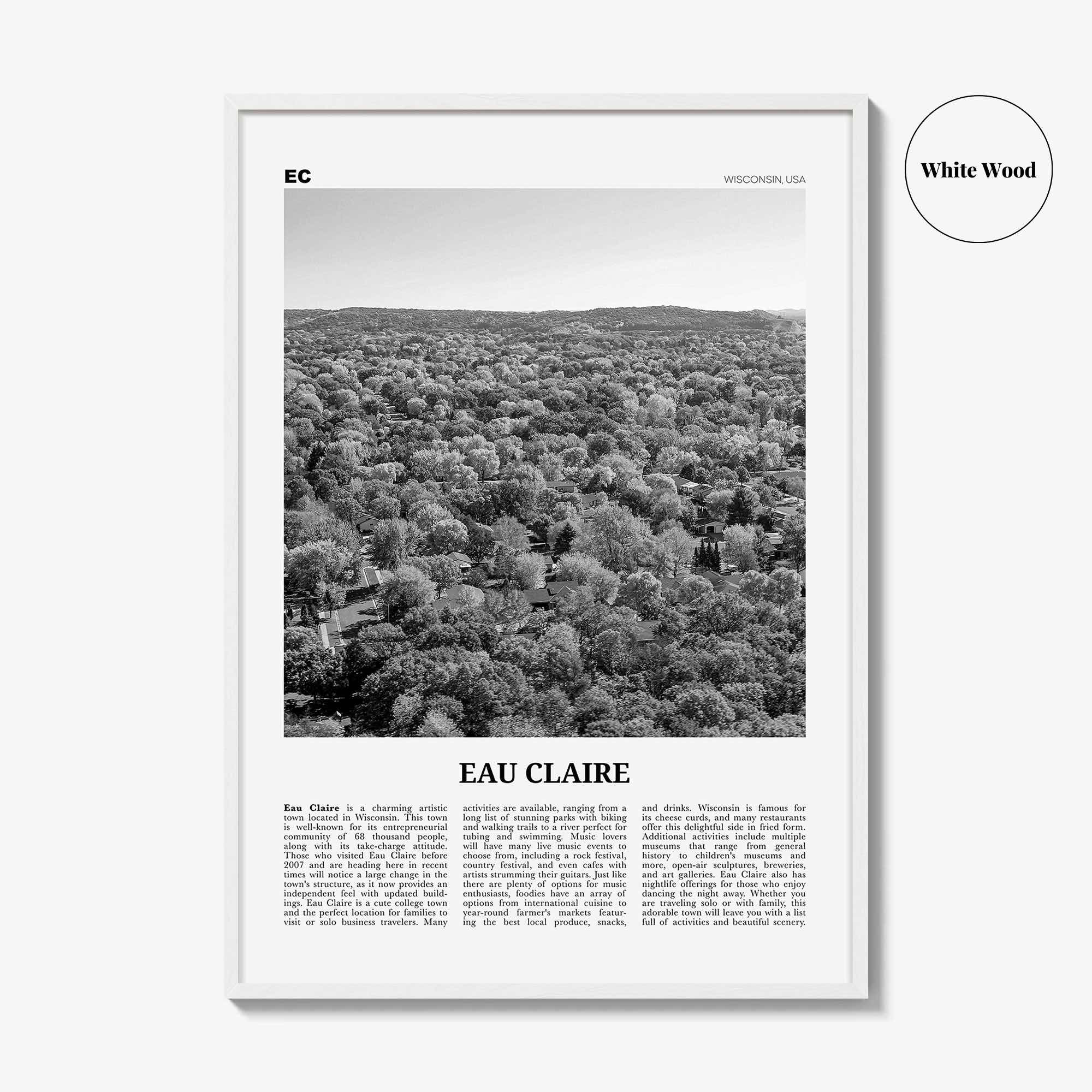 Eau Claire Print Black and White, Eau Claire Wall Art, Eau Claire Poster, Eau Claire Photo, Eau Claire Wall Décor, Eau Claire Map, Wisconsin