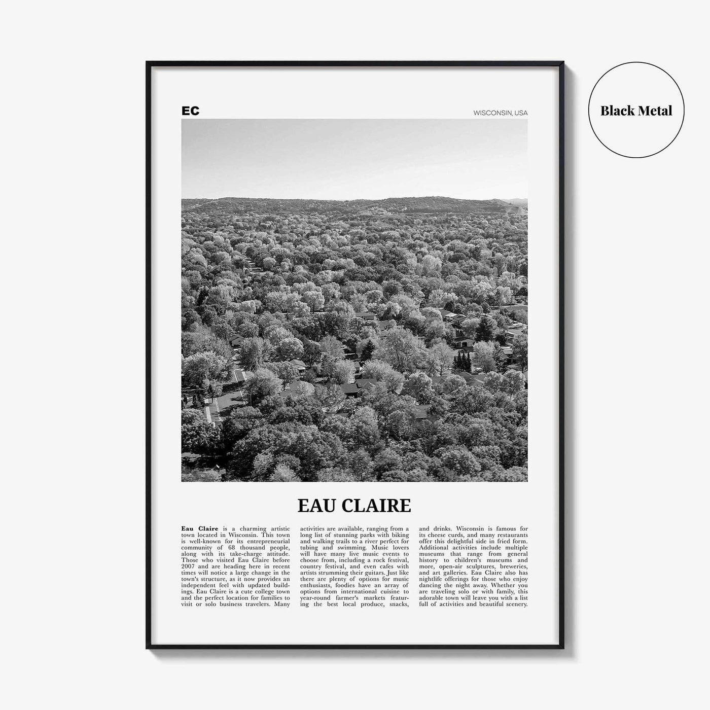 Eau Claire Print Black and White, Eau Claire Wall Art, Eau Claire Poster, Eau Claire Photo, Eau Claire Wall Décor, Eau Claire Map, Wisconsin