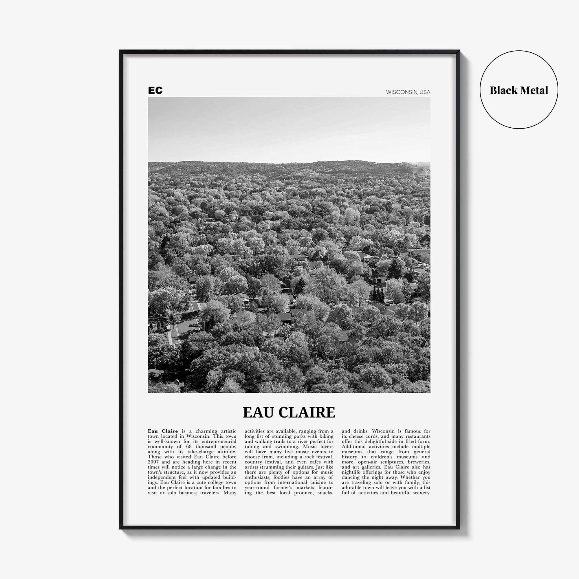 Eau Claire Print Black and White, Eau Claire Wall Art, Eau Claire Poster, Eau Claire Photo, Eau Claire Wall Décor, Eau Claire Map, Wisconsin