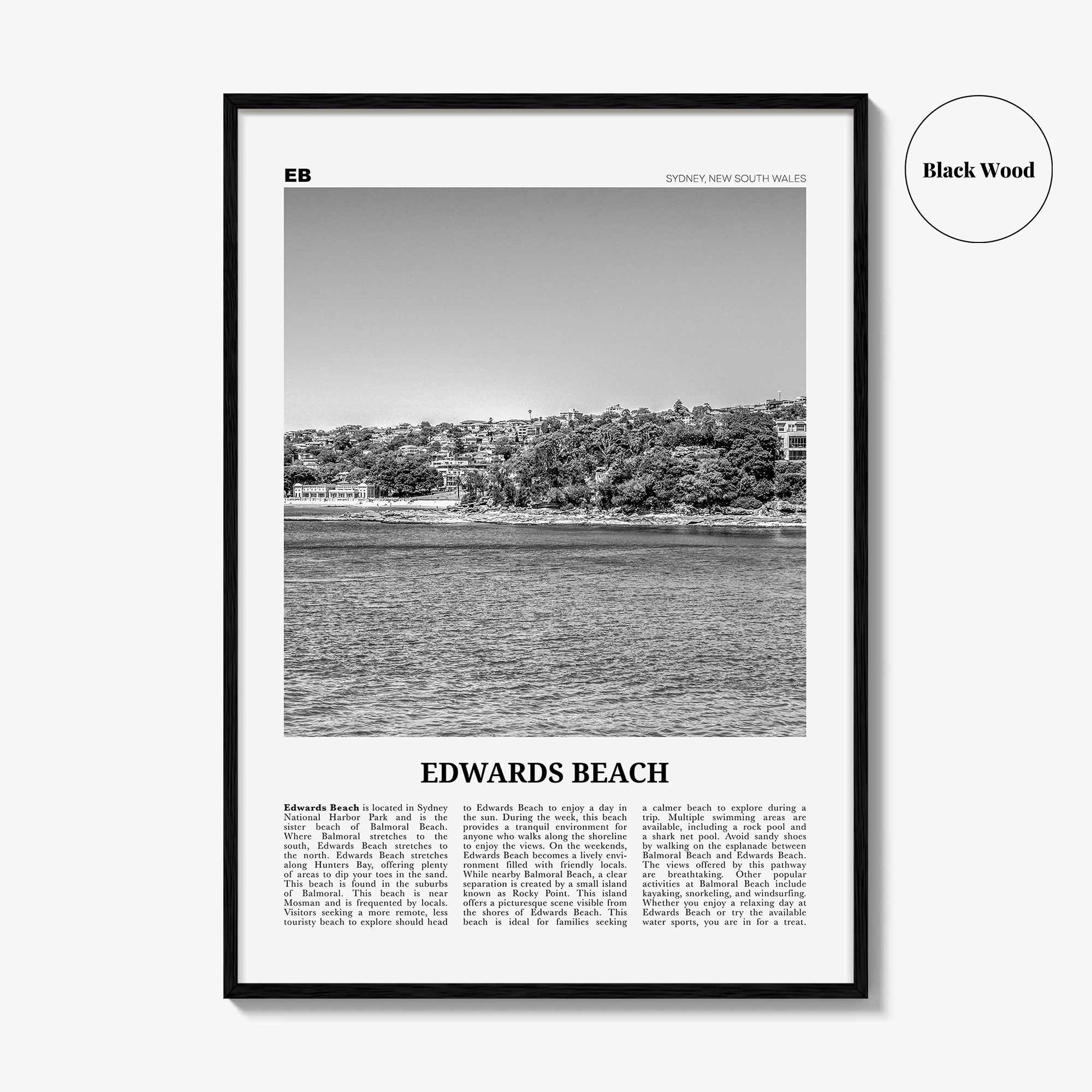 Edwards Beach Print Black and White, Edwards Beach Wall Art, Edwards Beach Poster, Edwards Beach Photo, Sydney, Australia