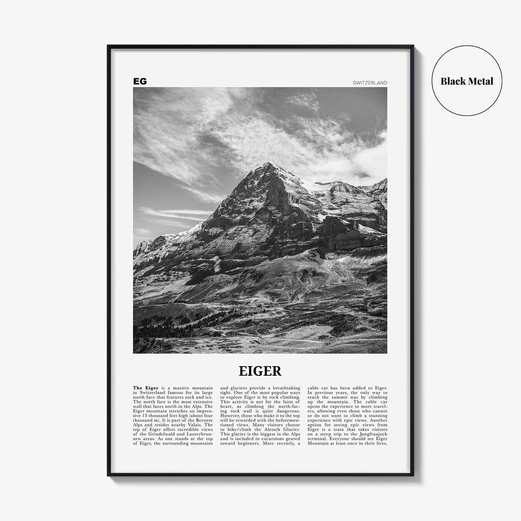 Eiger Print Black and White, Eiger Wall Art, Eiger Poster, Eiger Photo, Eiger Wall Décor, Eiger Map, Switzerland
