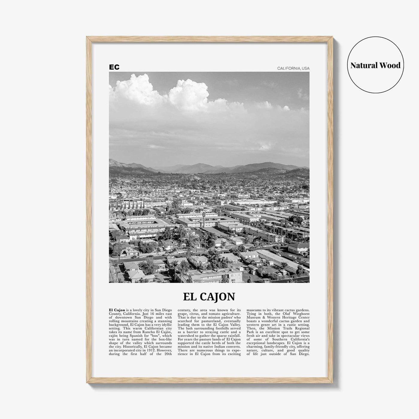 El Cajon Print Black and White, El Cajon Wall Art, El Cajon Poster, El Cajon Photo, El Cajon Wall Décor, El Cajon Map, California, USA