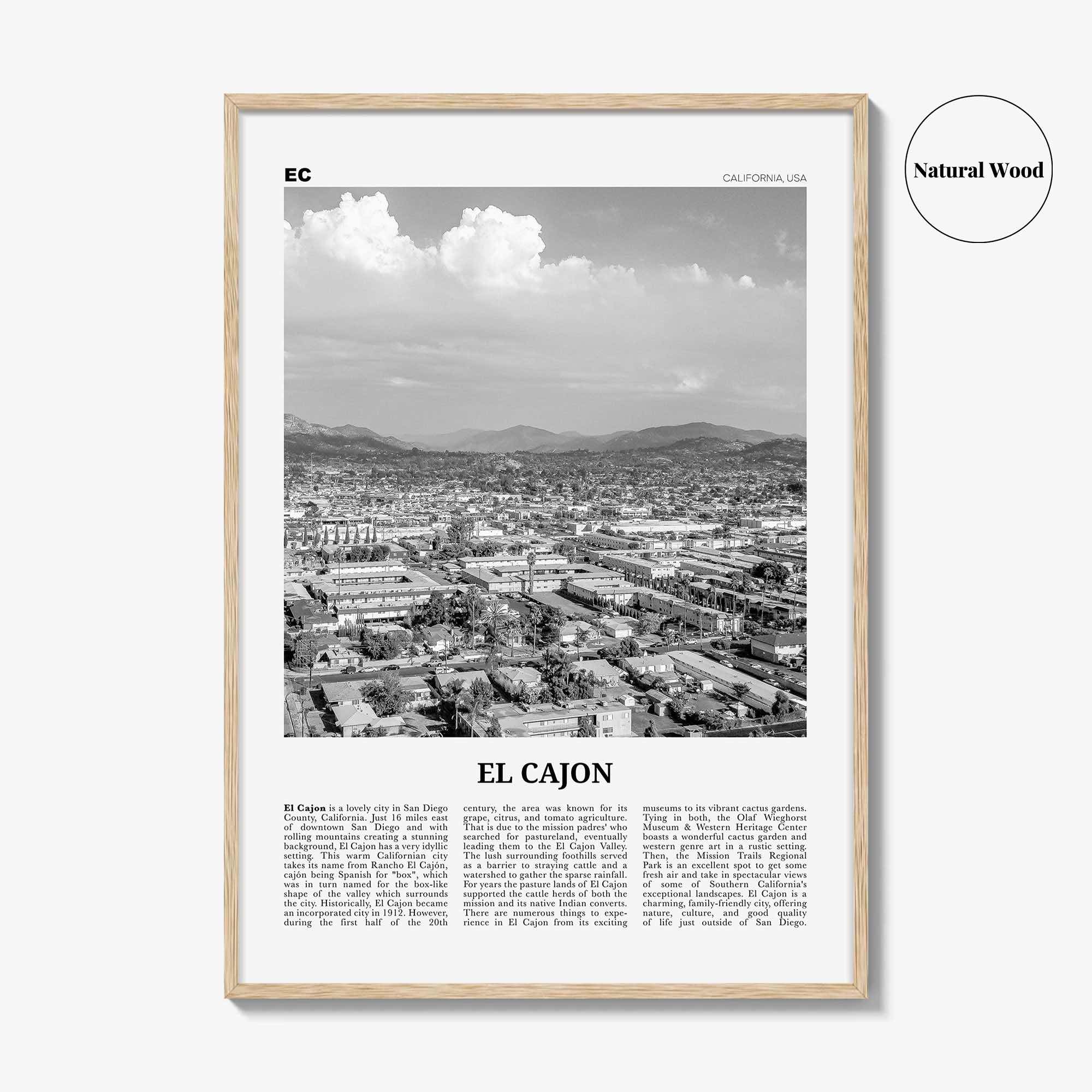 El Cajon Print Black and White, El Cajon Wall Art, El Cajon Poster, El Cajon Photo, El Cajon Wall Décor, El Cajon Map, California, USA