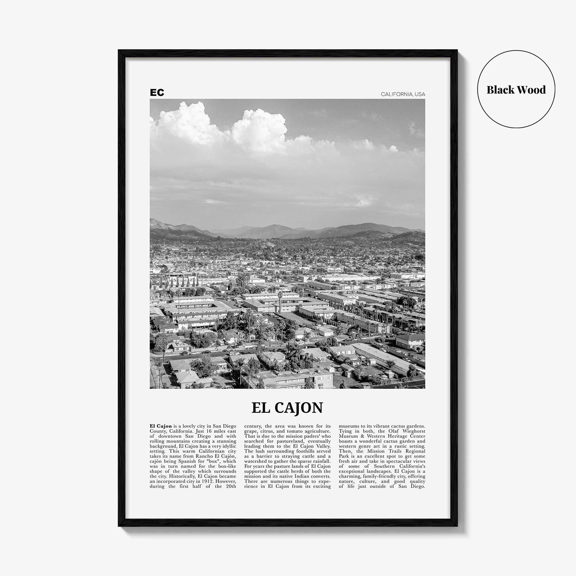 El Cajon Print Black and White, El Cajon Wall Art, El Cajon Poster, El Cajon Photo, El Cajon Wall Décor, El Cajon Map, California, USA