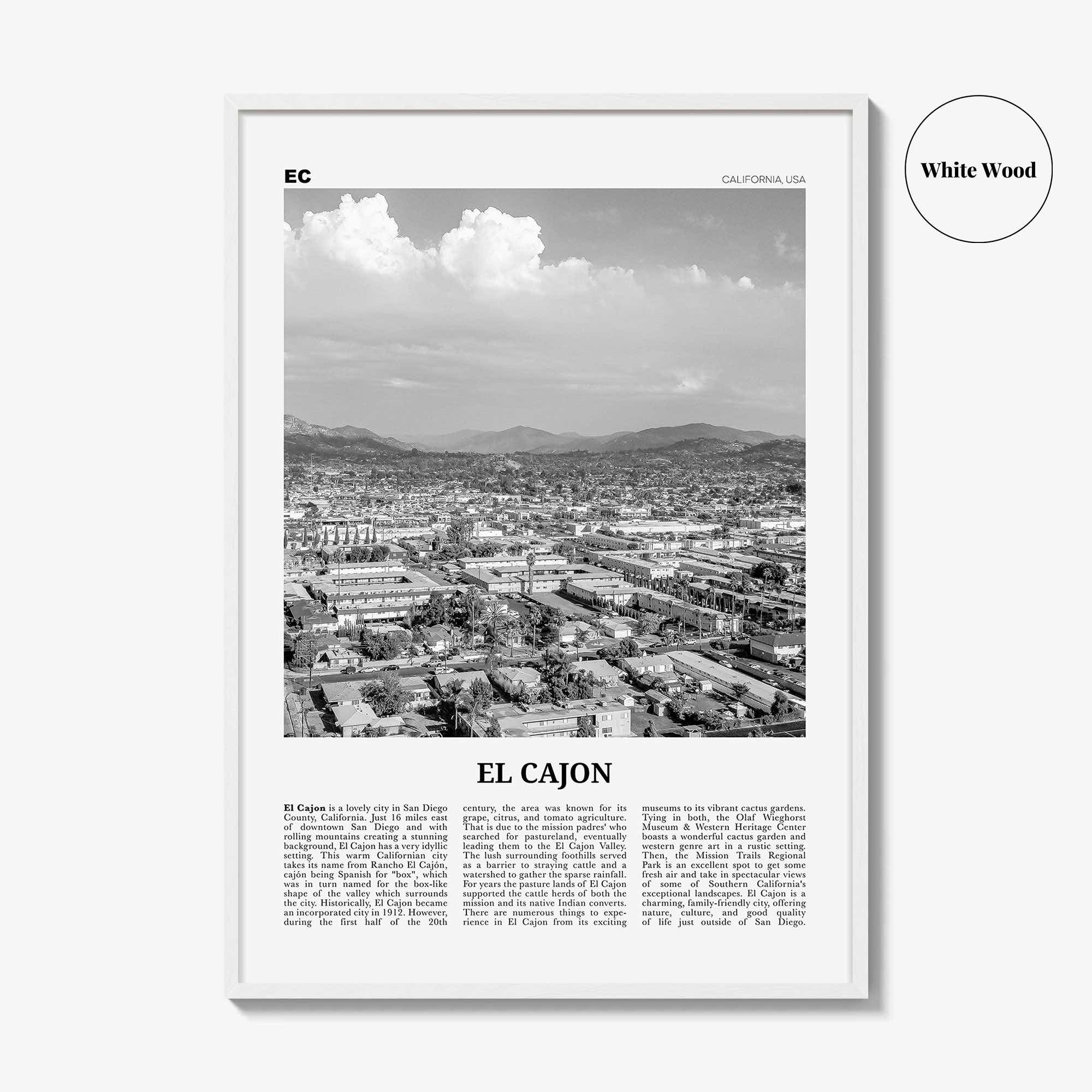 El Cajon Print Black and White, El Cajon Wall Art, El Cajon Poster, El Cajon Photo, El Cajon Wall Décor, El Cajon Map, California, USA