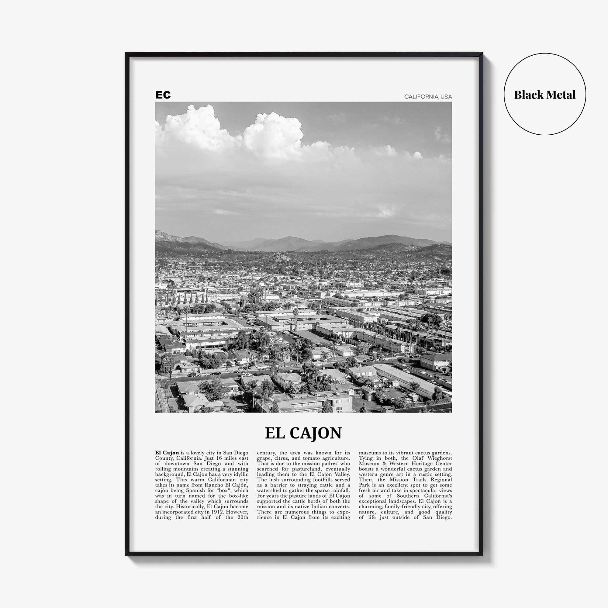 El Cajon Print Black and White, El Cajon Wall Art, El Cajon Poster, El Cajon Photo, El Cajon Wall Décor, El Cajon Map, California, USA