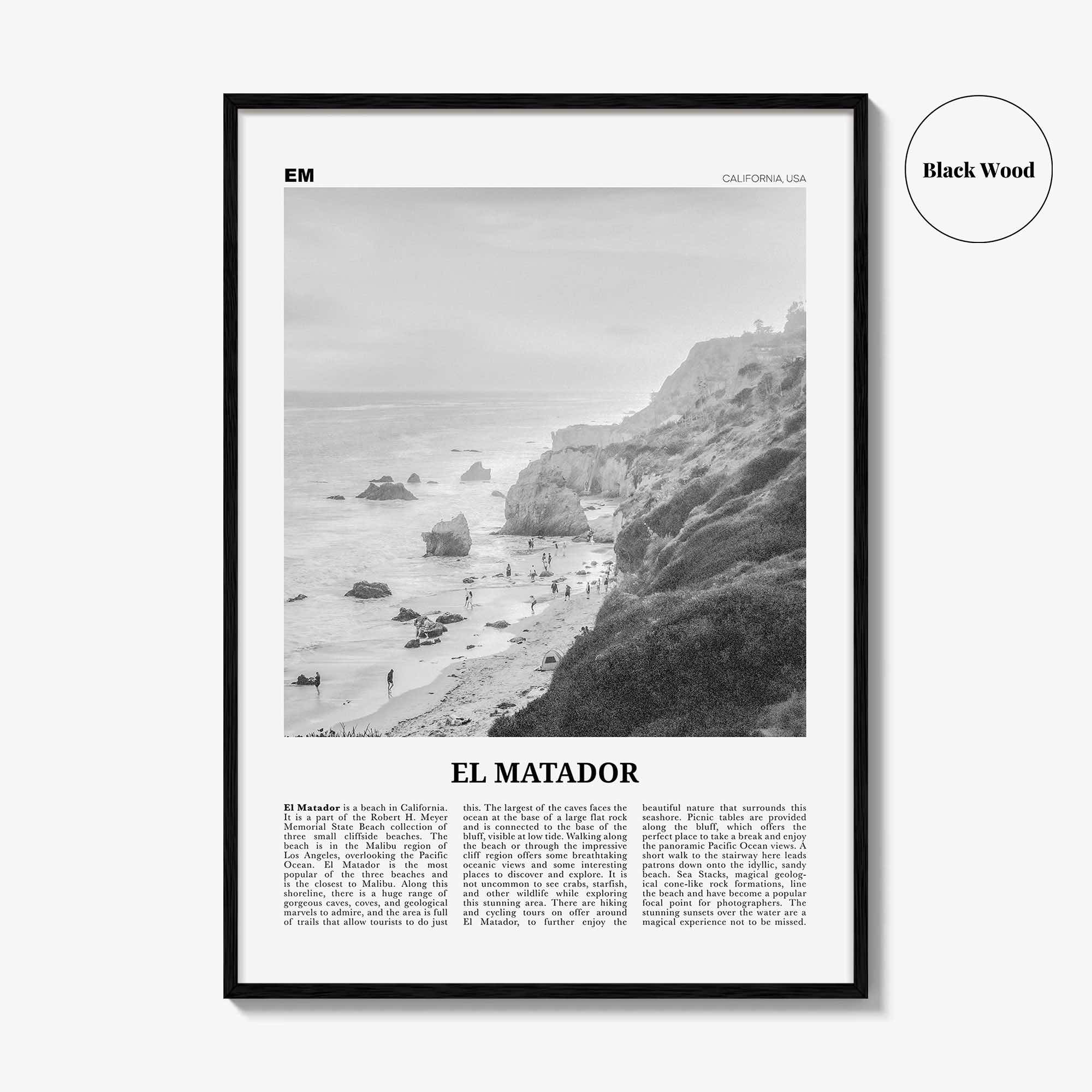 El Matador Print Black and White, El Matador Wall Art, El Matador Poster, El Matador Photo, El Matador Map,  California, USA