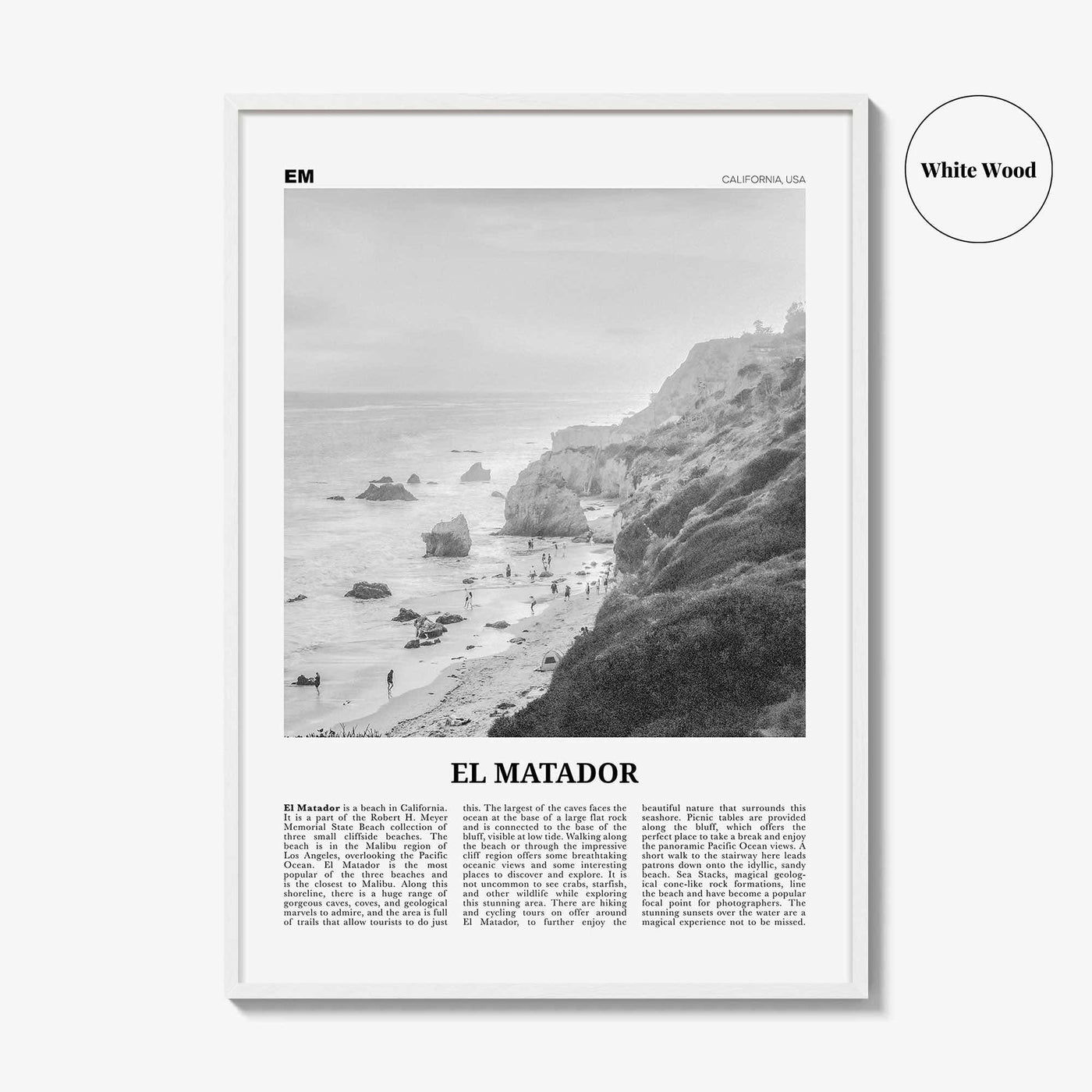 El Matador Print Black and White, El Matador Wall Art, El Matador Poster, El Matador Photo, El Matador Map,  California, USA