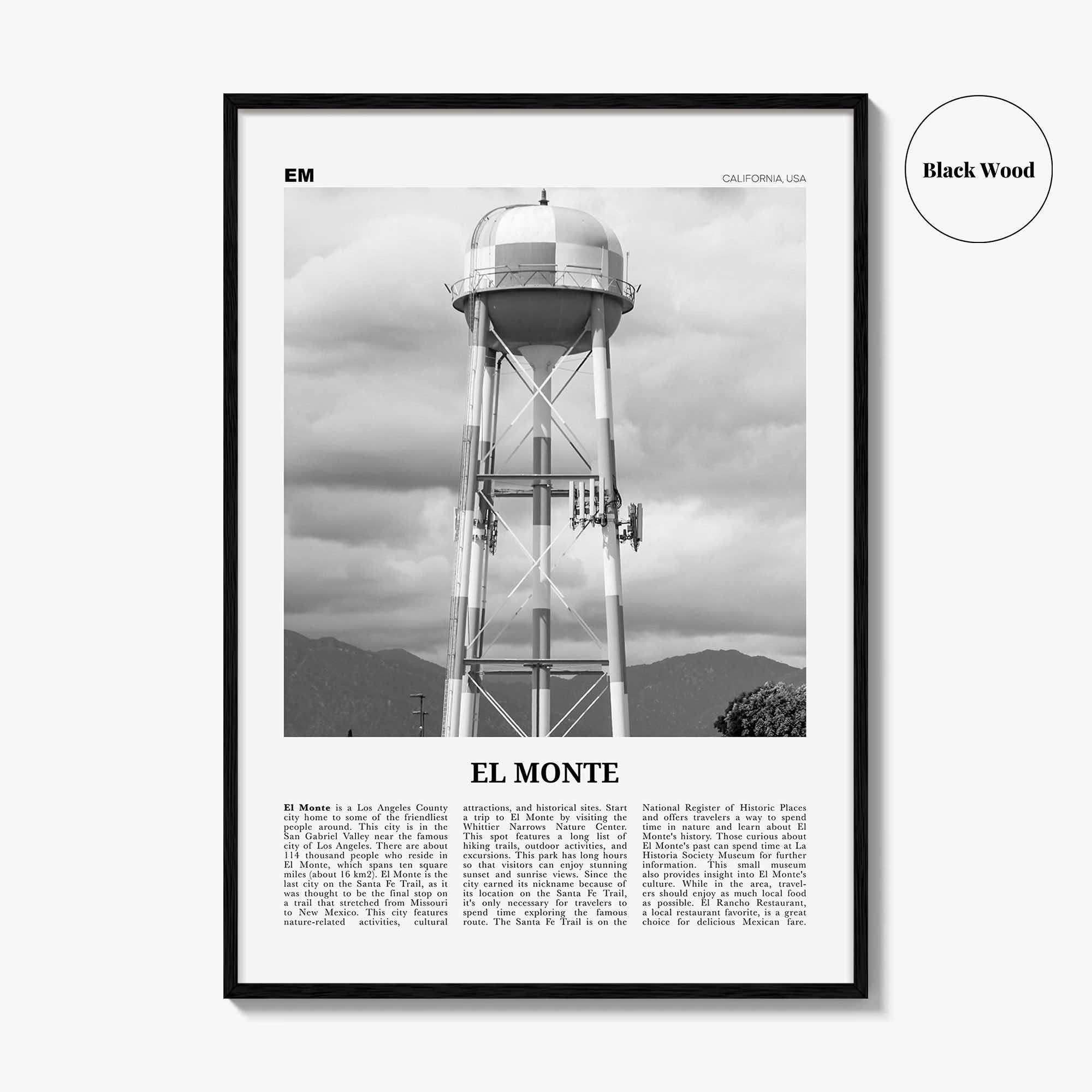El Monte Print Black and White No 2, El Monte Wall Art, El Monte Poster, El Monte Photo, El Monte Wall Décor, El Monte Map California