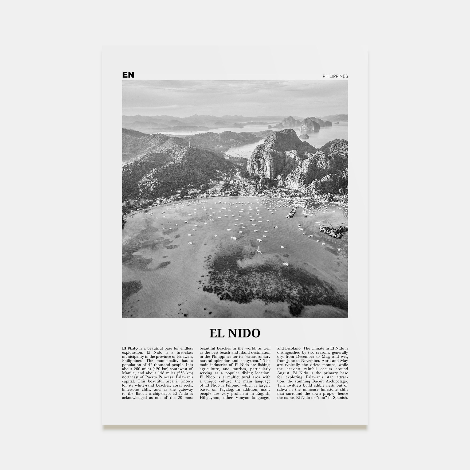 El Nido Travel B&W Poster