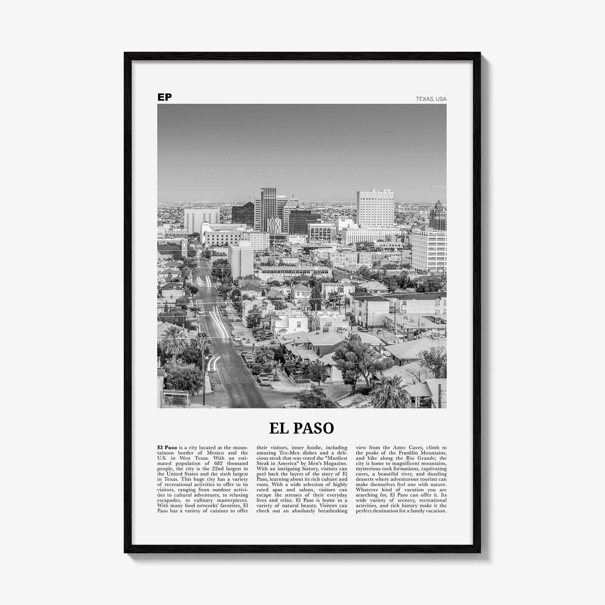 El Paso Print Black and White No 1, El Paso Wall Art, El Paso Poster, El Paso Photo, El Paso Wall Décor, Texas, USA, United States