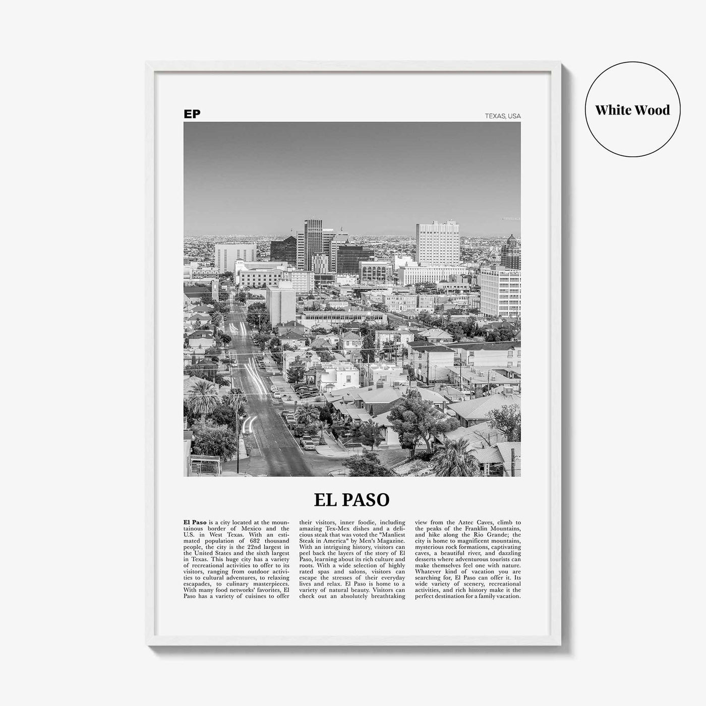 El Paso Print Black and White No 1, El Paso Wall Art, El Paso Poster, El Paso Photo, El Paso Wall Décor, Texas, USA, United States