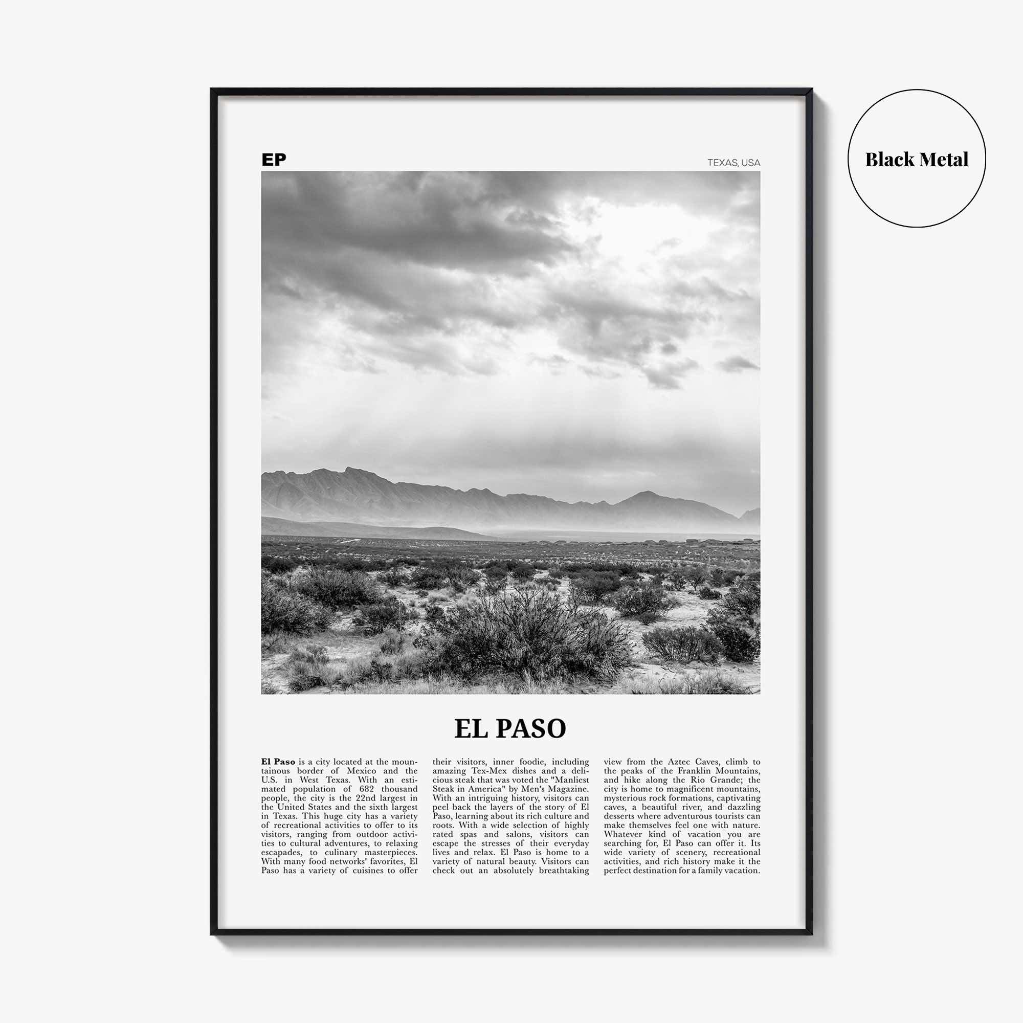 El Paso Print Black and White No 2, El Paso Wall Art, El Paso Poster, El Paso Photo, El Paso Wall Décor, Texas, USA, United States
