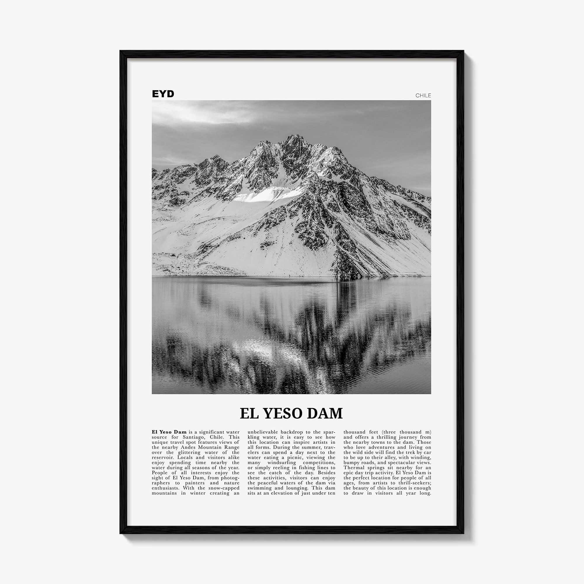 El Yeso Dam Print Black and White, El Yeso Dam Wall Art, El Yeso Dam Poster, El Yeso Dam Photo, El Yeso Dam Wall Décor, Chile