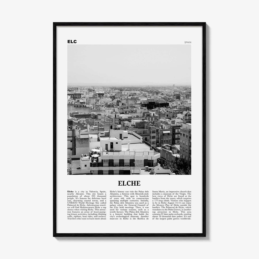 Elche Print Black and White, Elche Wall Art, Elche Poster, Elche Photo, Elche Wall Décor, Elche Map, Spain