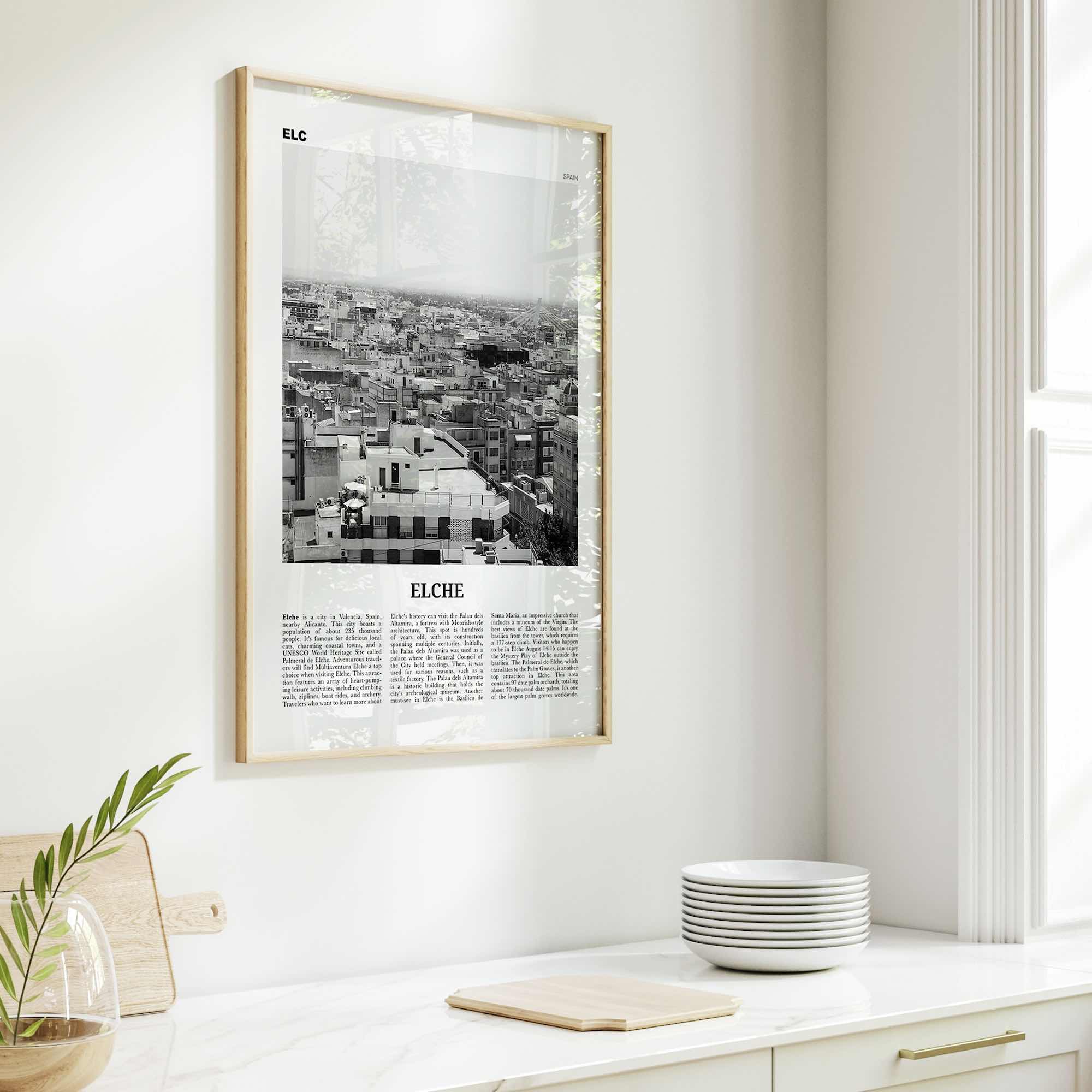 Elche Print Black and White, Elche Wall Art, Elche Poster, Elche Photo, Elche Wall Décor, Elche Map, Spain