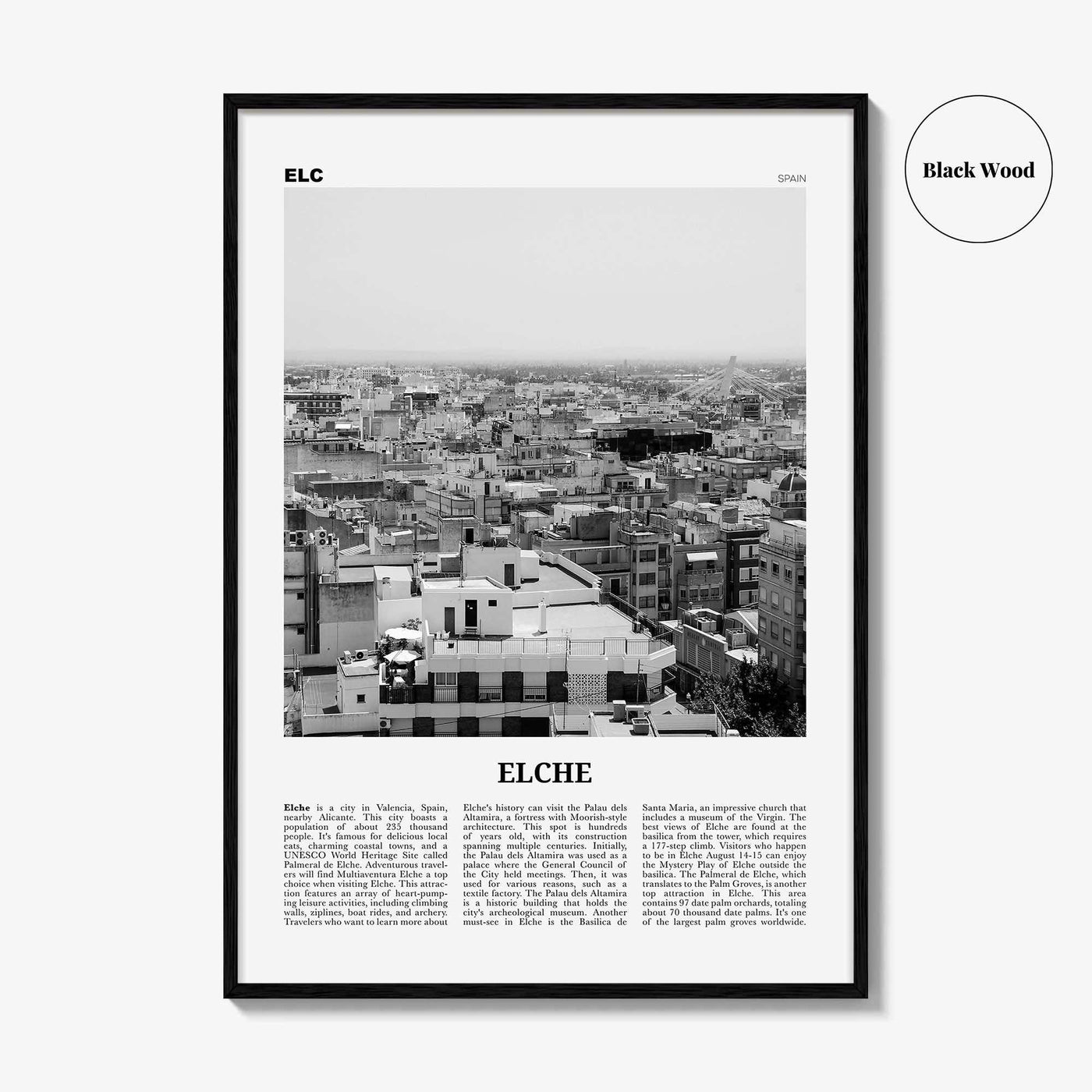 Elche Print Black and White, Elche Wall Art, Elche Poster, Elche Photo, Elche Wall Décor, Elche Map, Spain