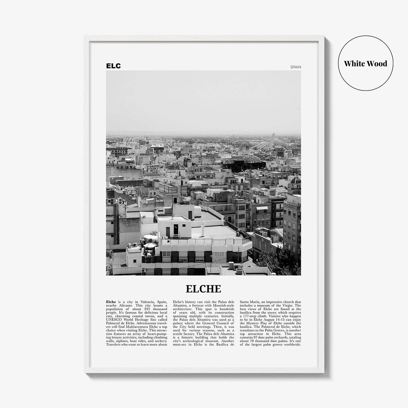 Elche Print Black and White, Elche Wall Art, Elche Poster, Elche Photo, Elche Wall Décor, Elche Map, Spain