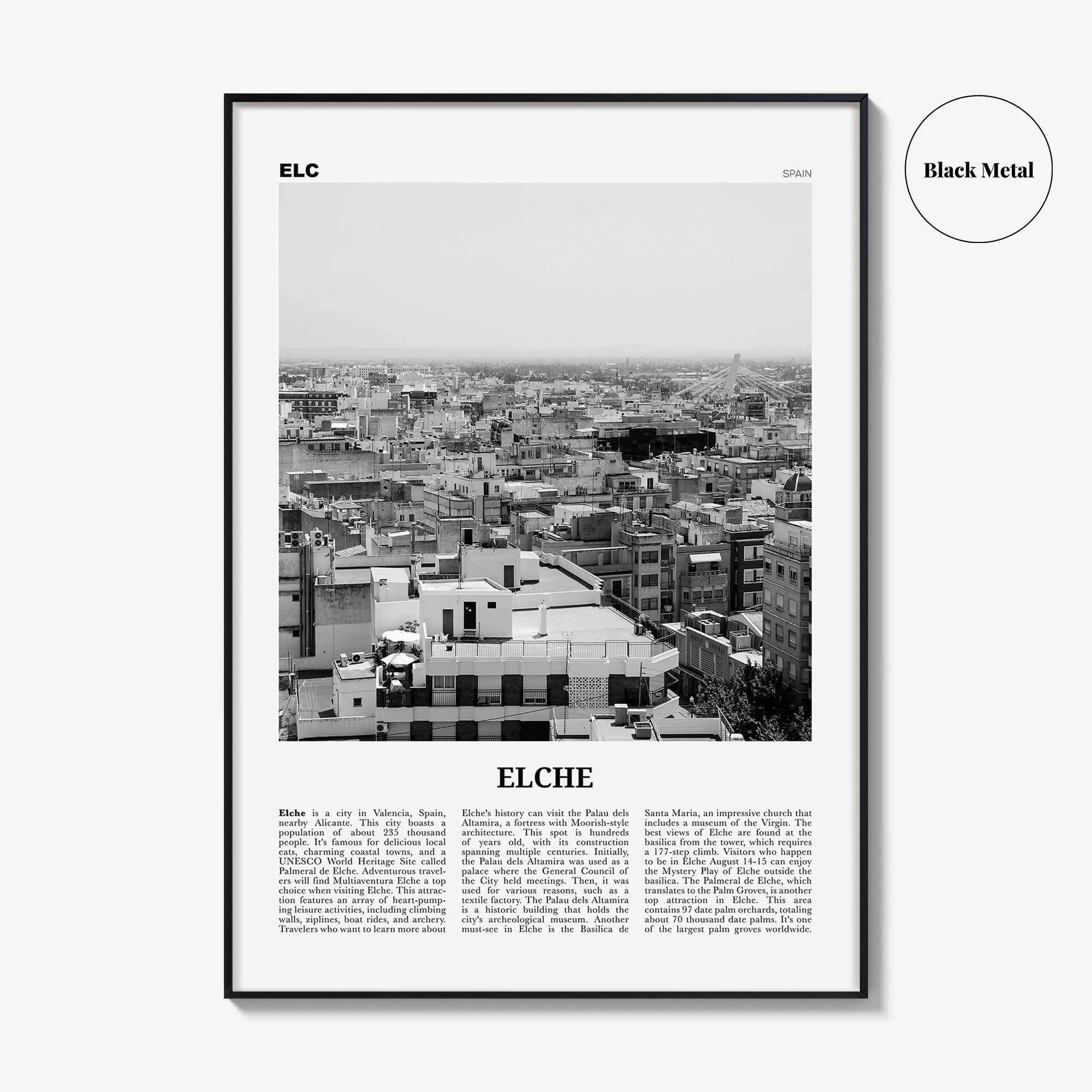 Elche Print Black and White, Elche Wall Art, Elche Poster, Elche Photo, Elche Wall Décor, Elche Map, Spain